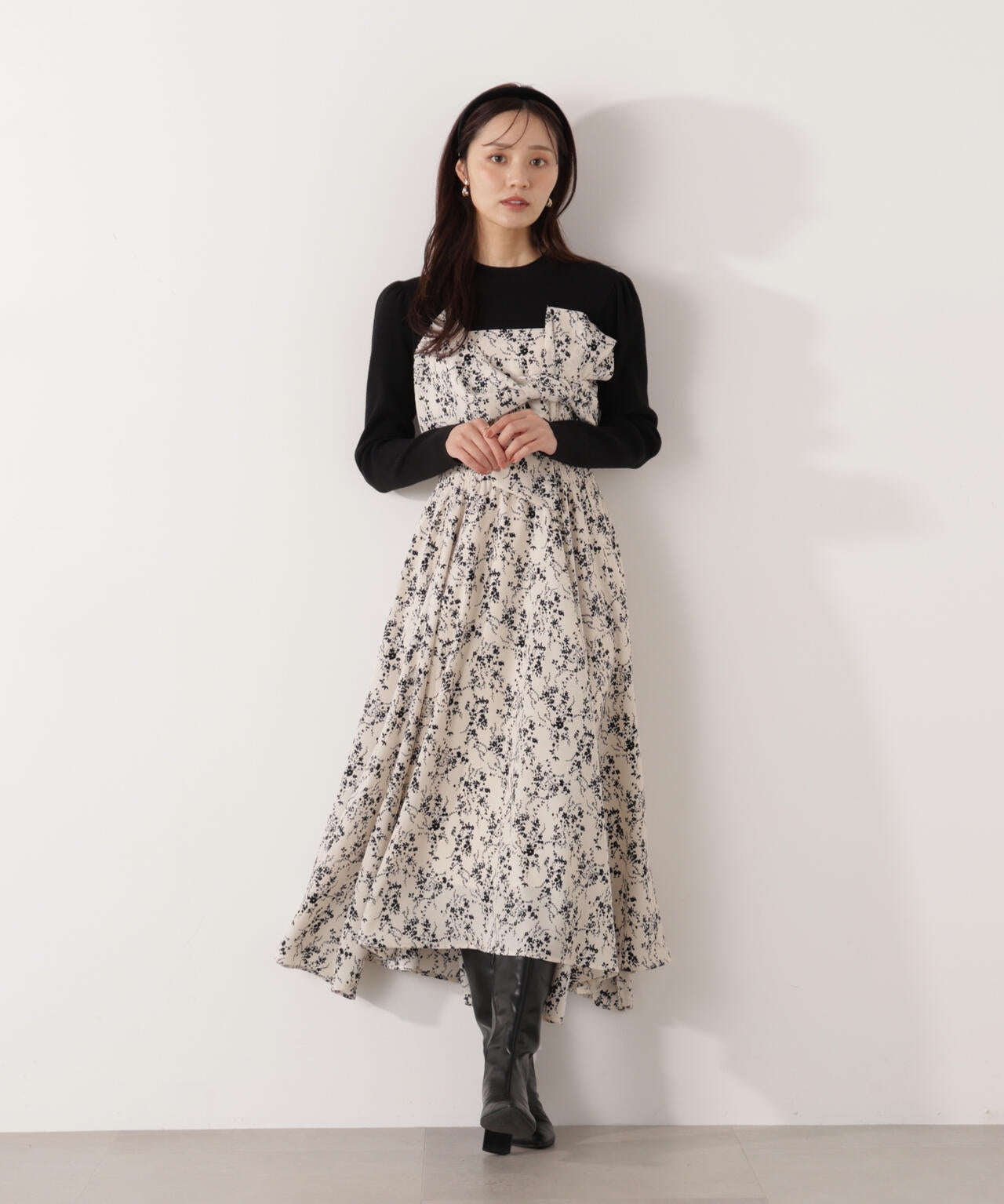 フロントリボン花柄ドッキングワンピース