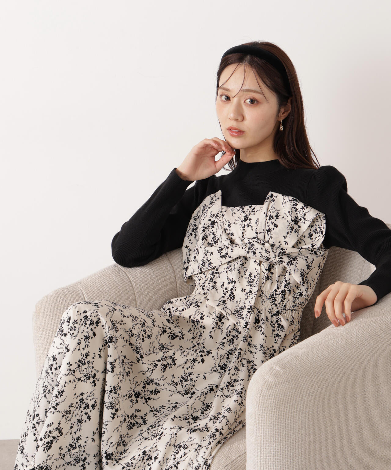 フロントリボン花柄ドッキングワンピース