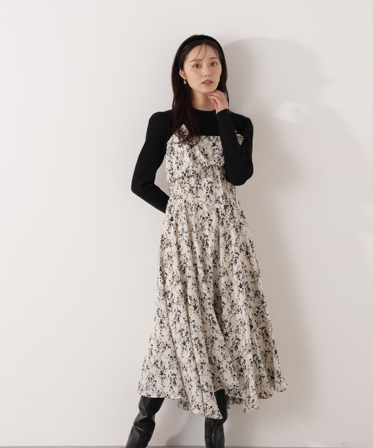 フロントリボン花柄ドッキングワンピース