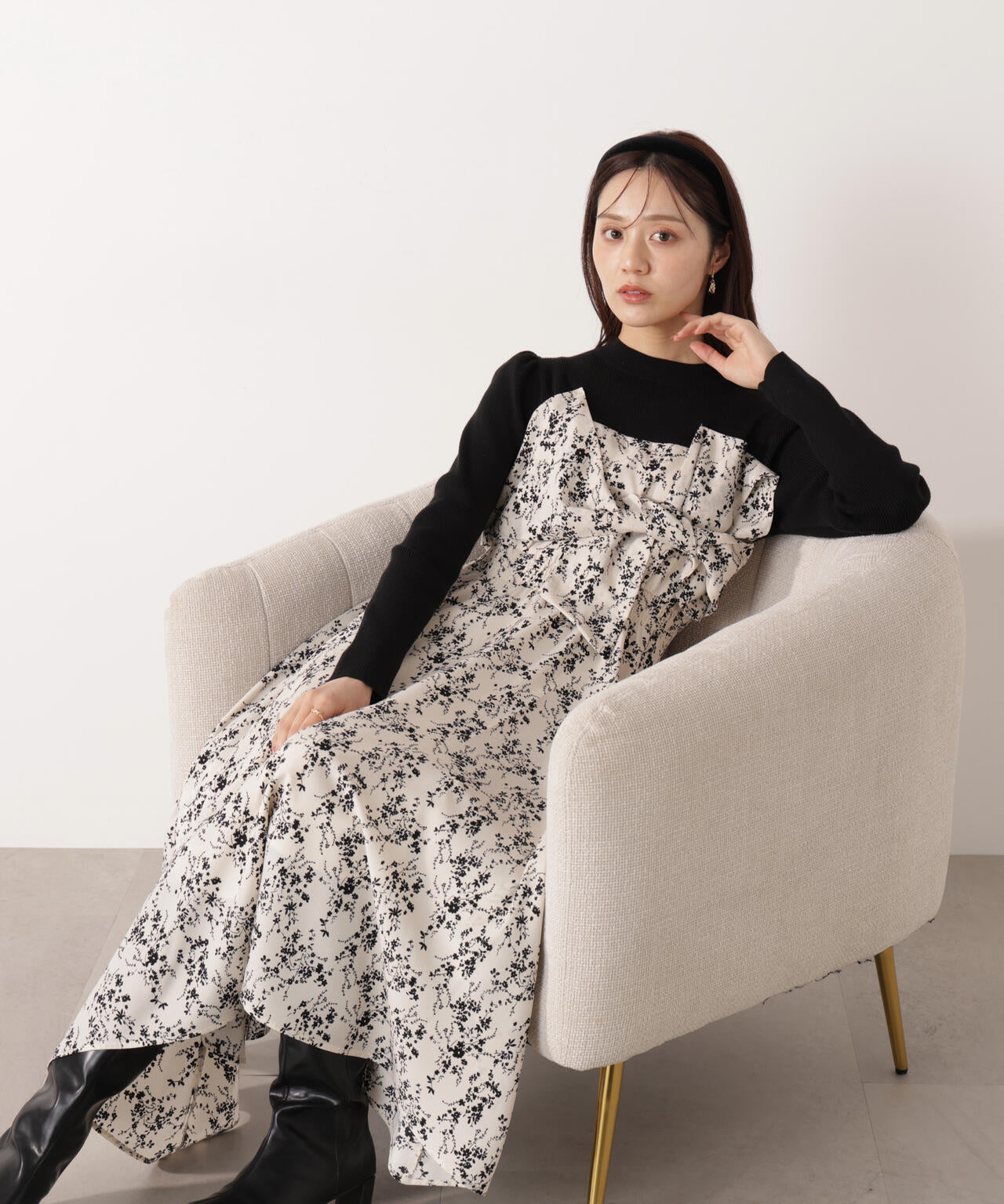 フロントリボン花柄ドッキングワンピース