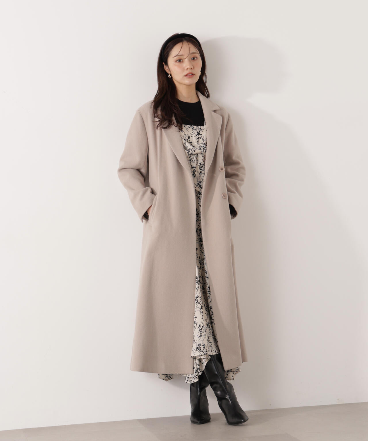 フロントリボン花柄ドッキングワンピース