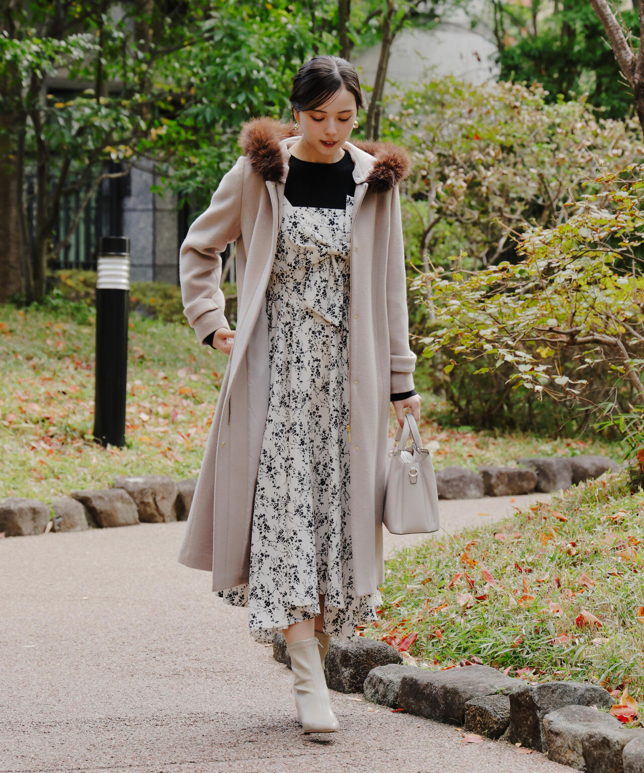 フロントリボン花柄ドッキングワンピース