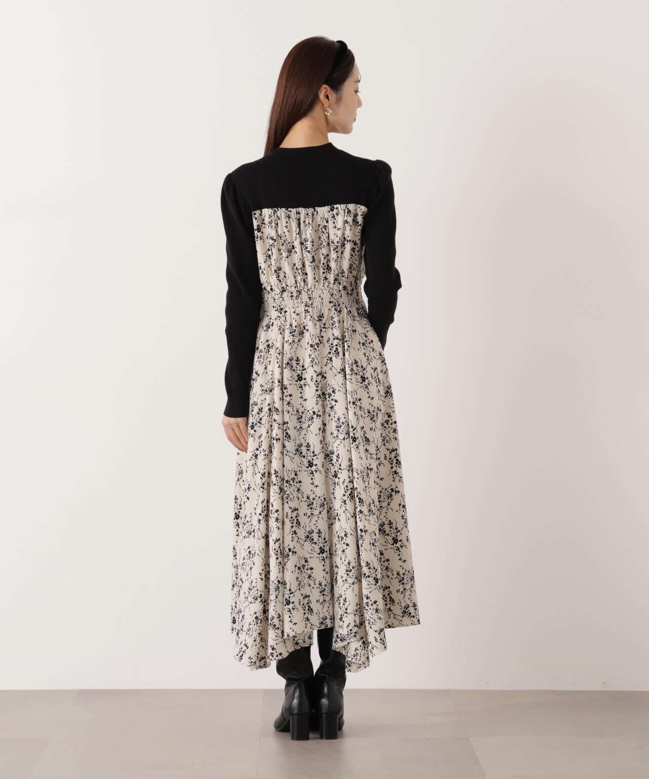 フロントリボン花柄ドッキングワンピース