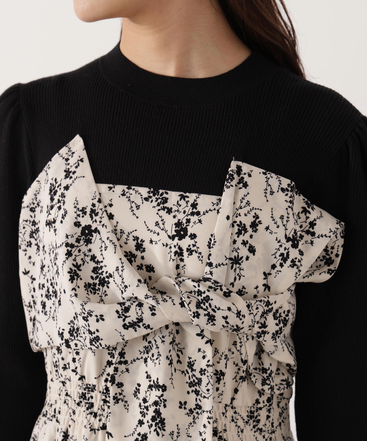 フロントリボン花柄ドッキングワンピース