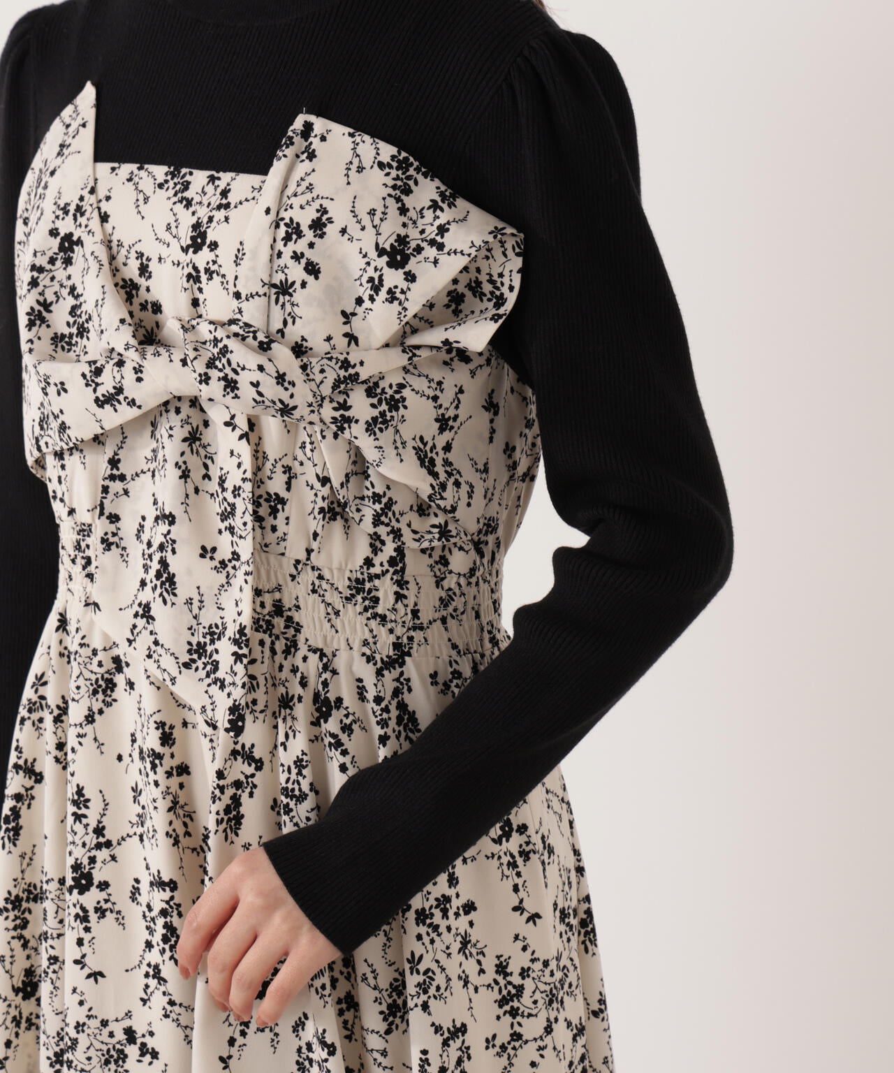 フロントリボン花柄ドッキングワンピース