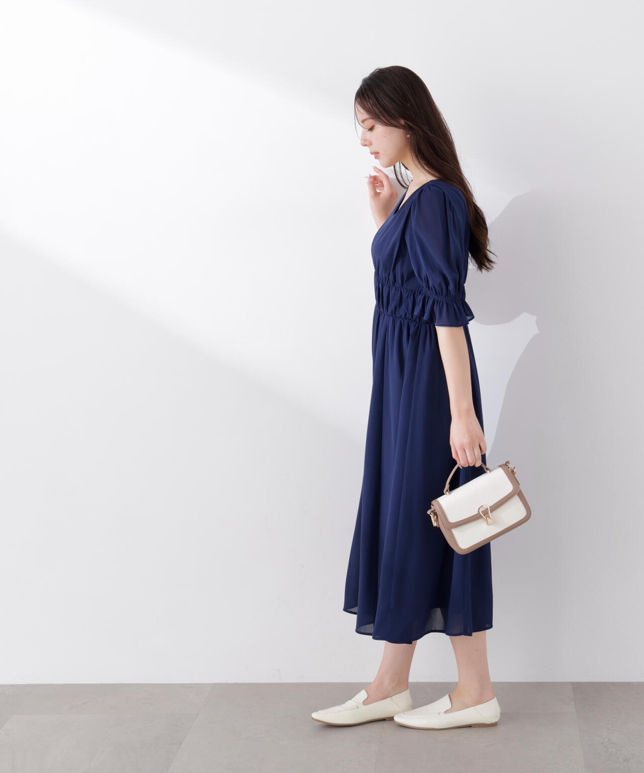 シフォン楊柳ギャザーワンピース