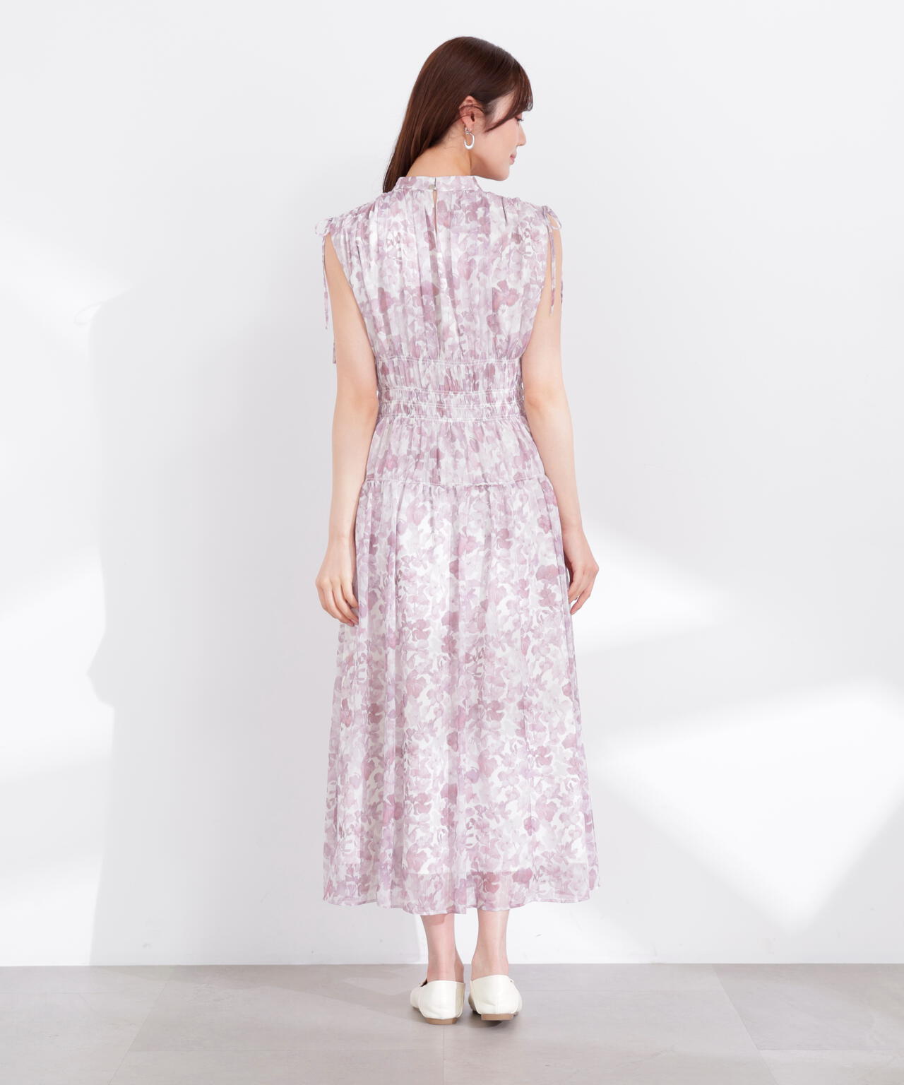 2wayスリーブ花柄シャーリングワンピース