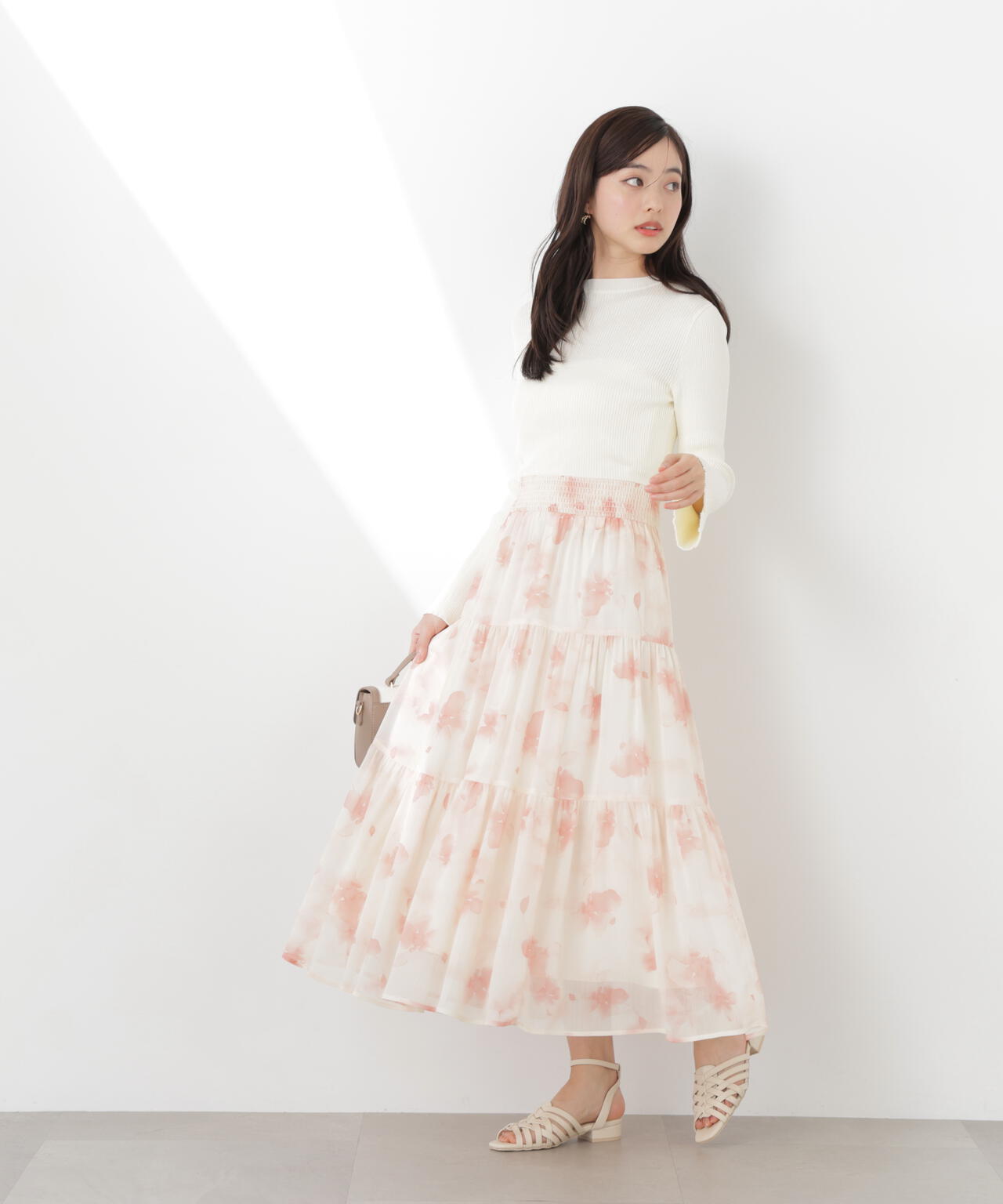 ニットドッキング花柄シャーリングワンピース