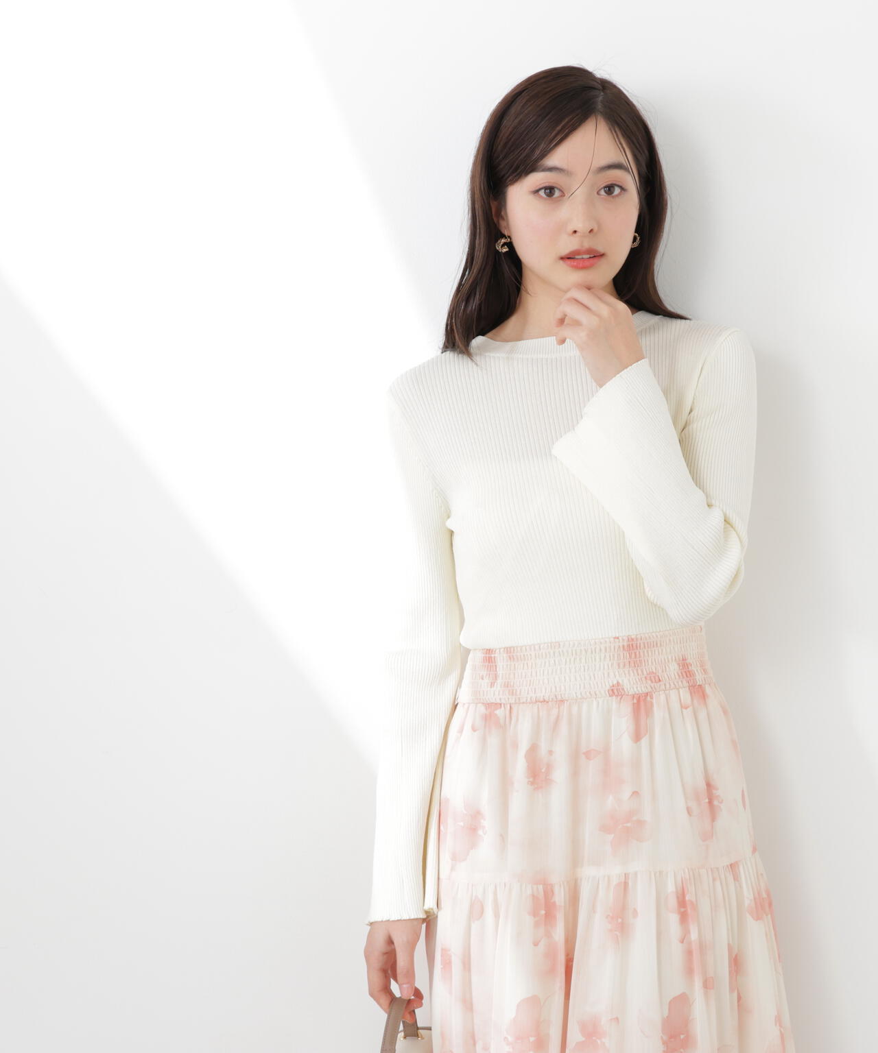 ニットドッキング花柄シャーリングワンピース