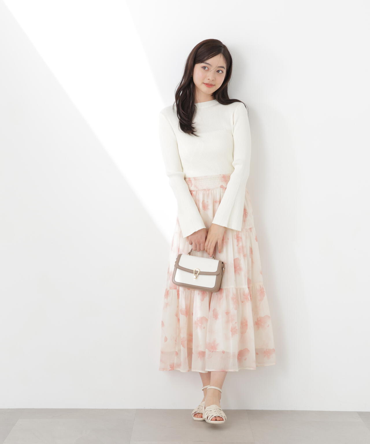 ニットドッキング花柄シャーリングワンピース