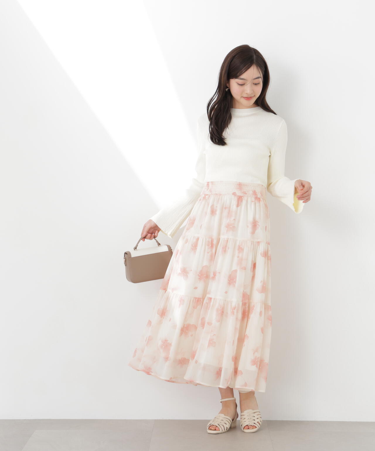ニットドッキング花柄シャーリングワンピース