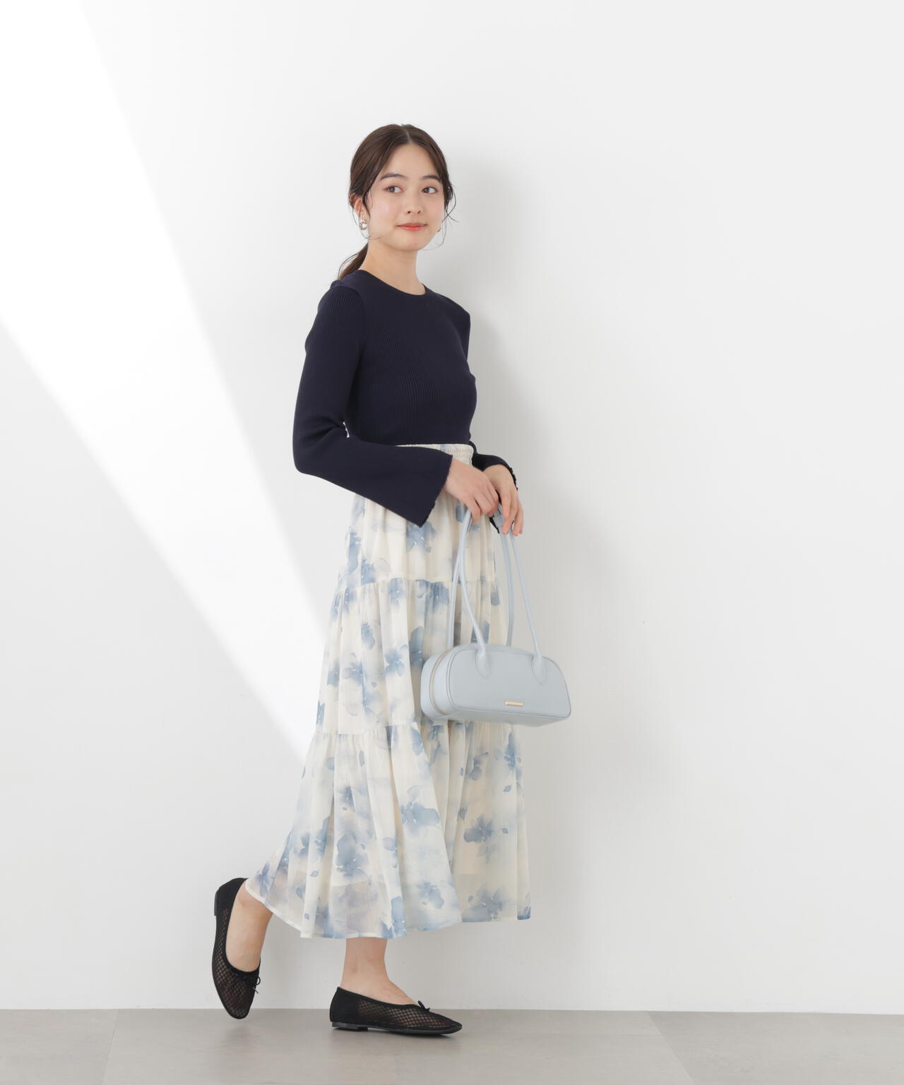 ニットドッキング花柄シャーリングワンピース