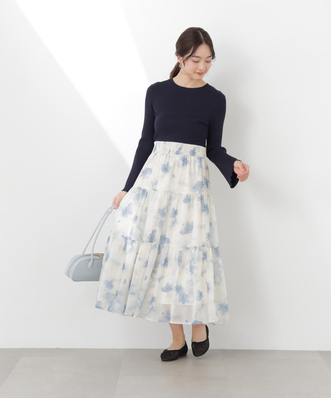 ニットドッキング花柄シャーリングワンピース