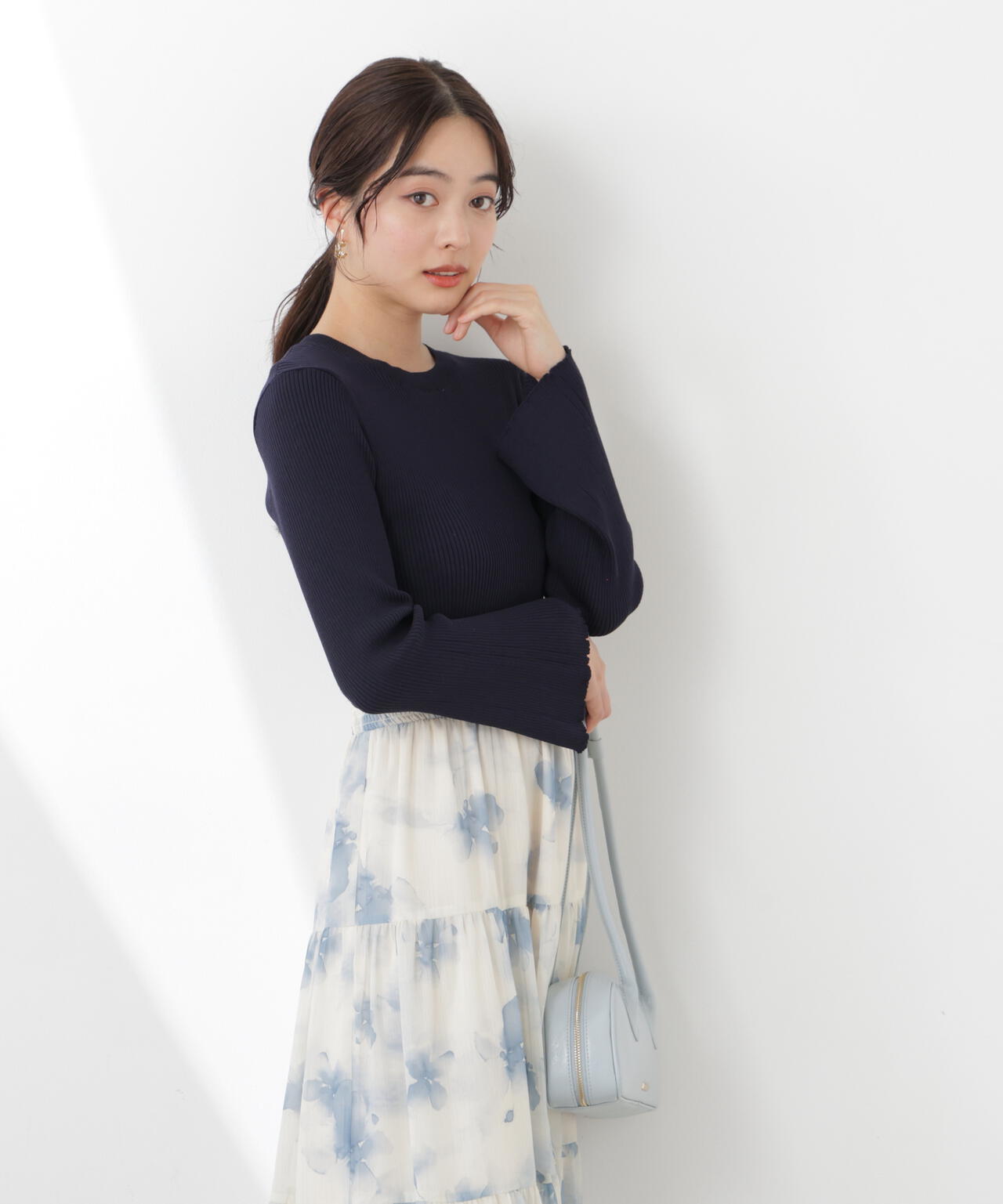 ニットドッキング花柄シャーリングワンピース