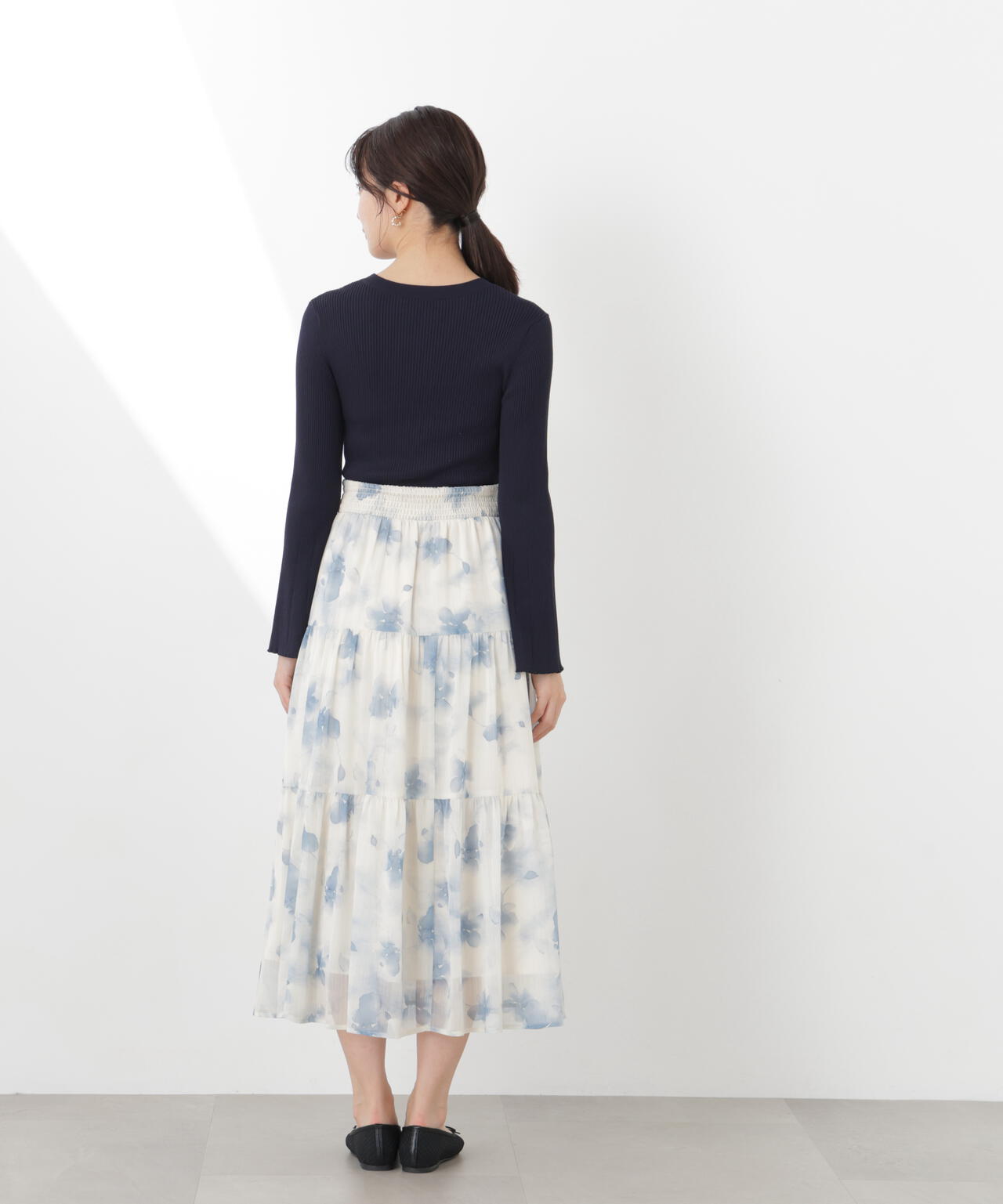 ニットドッキング花柄シャーリングワンピース