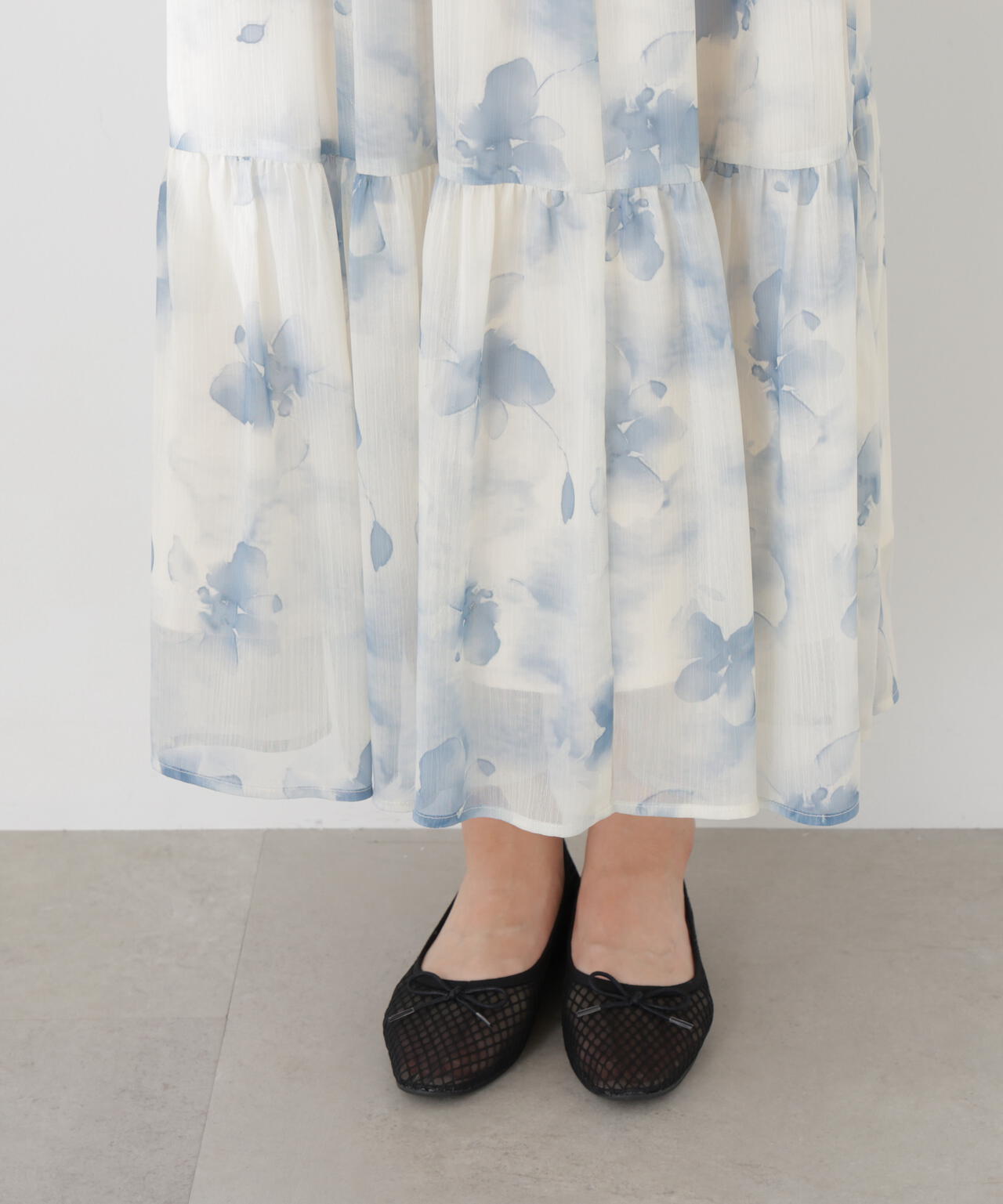 ニットドッキング花柄シャーリングワンピース