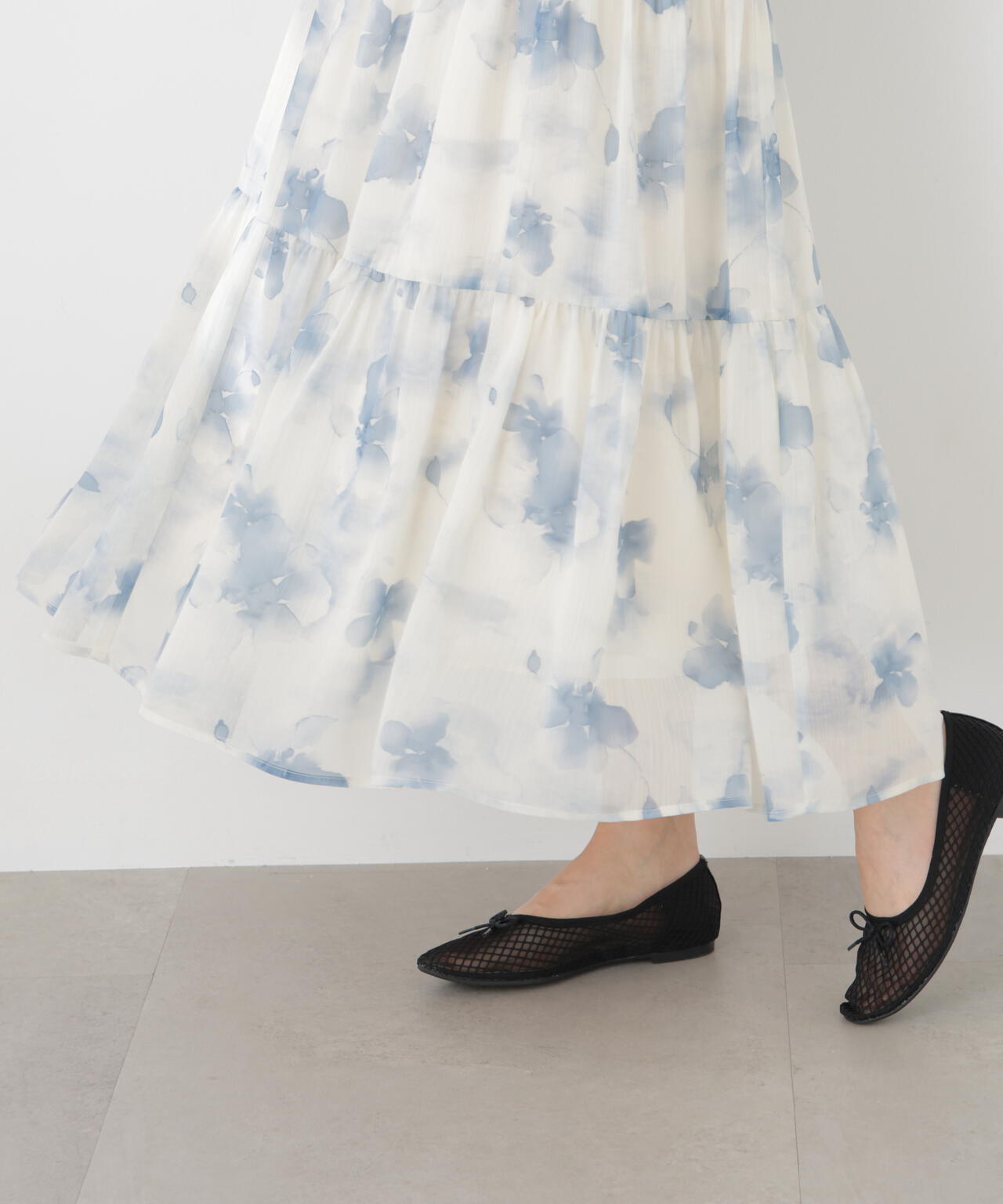 ニットドッキング花柄シャーリングワンピース