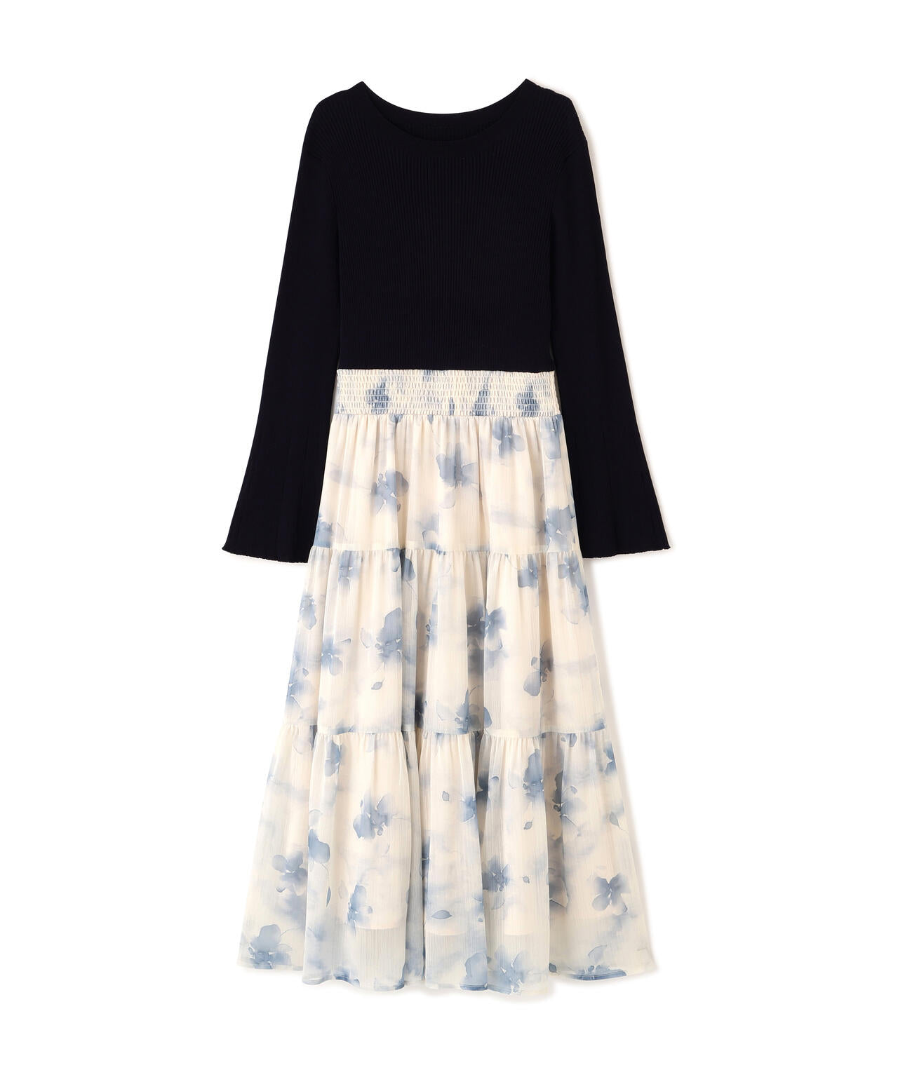 ニットドッキング花柄シャーリングワンピース【WEB・一部店舗限定】