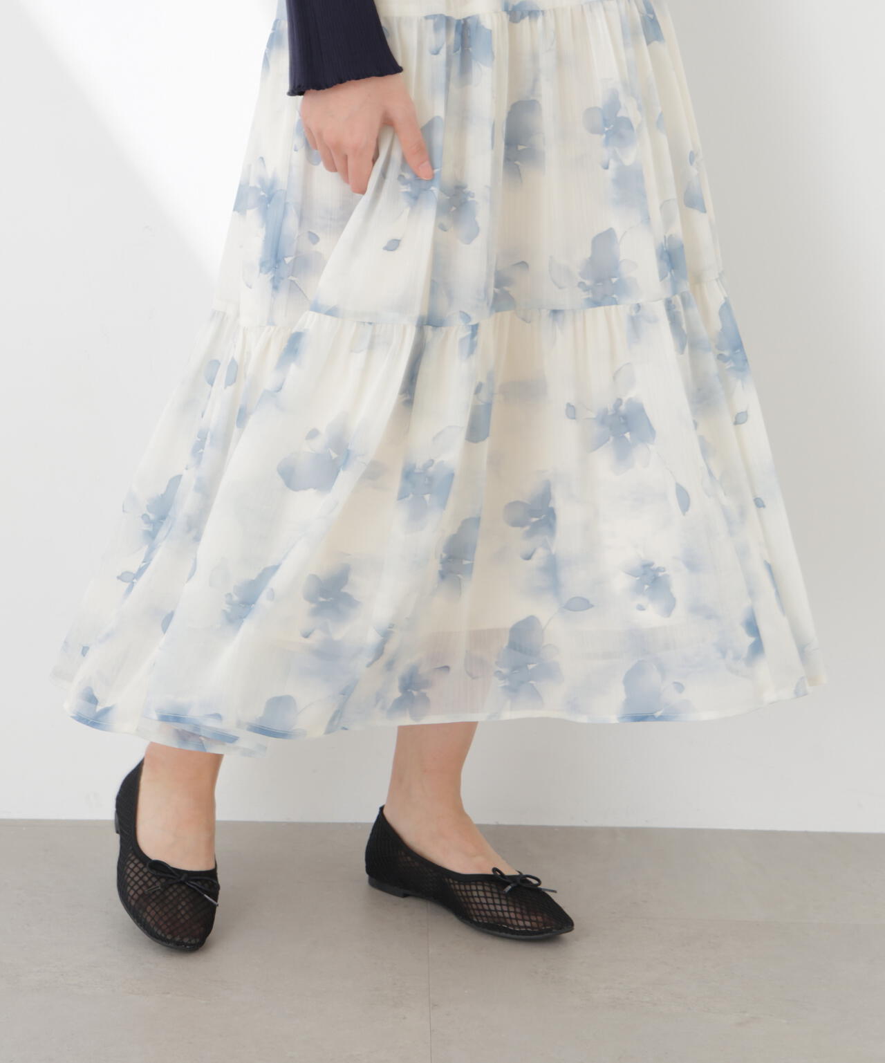 ニットドッキング花柄シャーリングワンピース