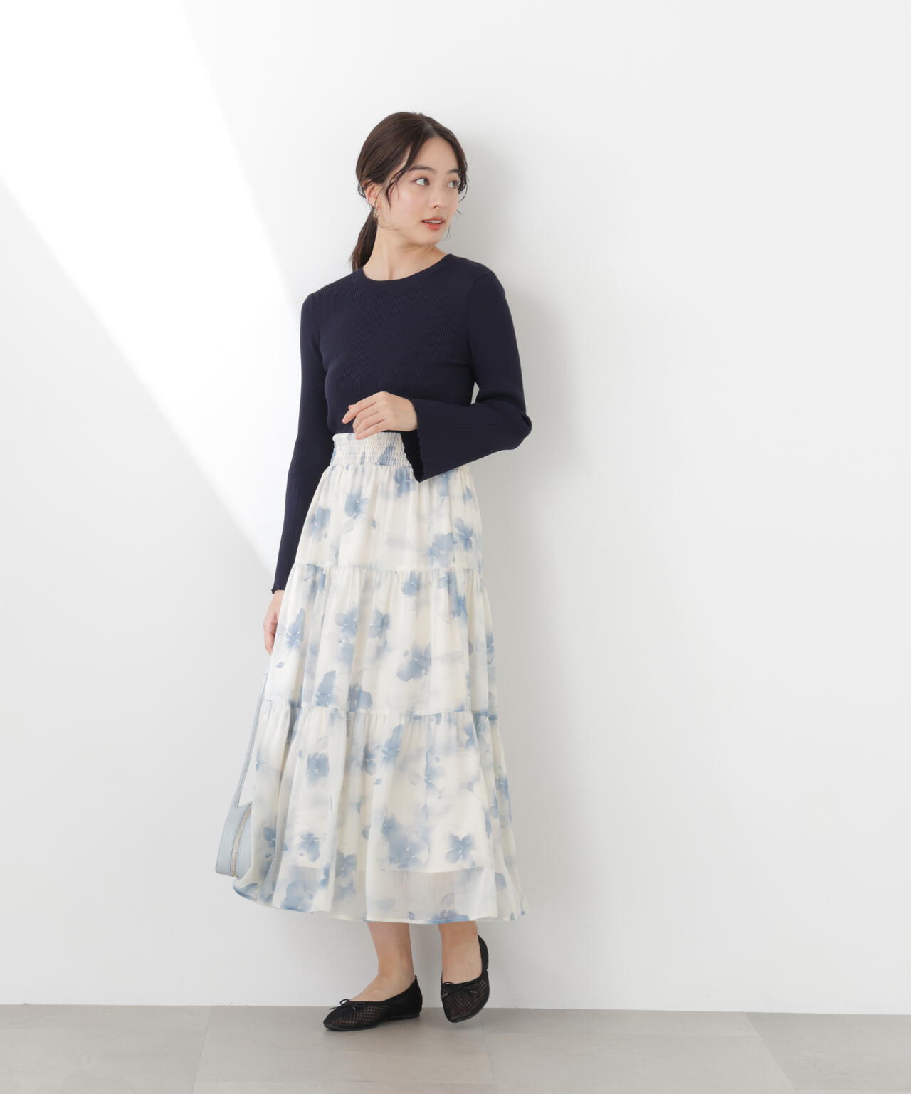 ニットドッキング花柄シャーリングワンピース