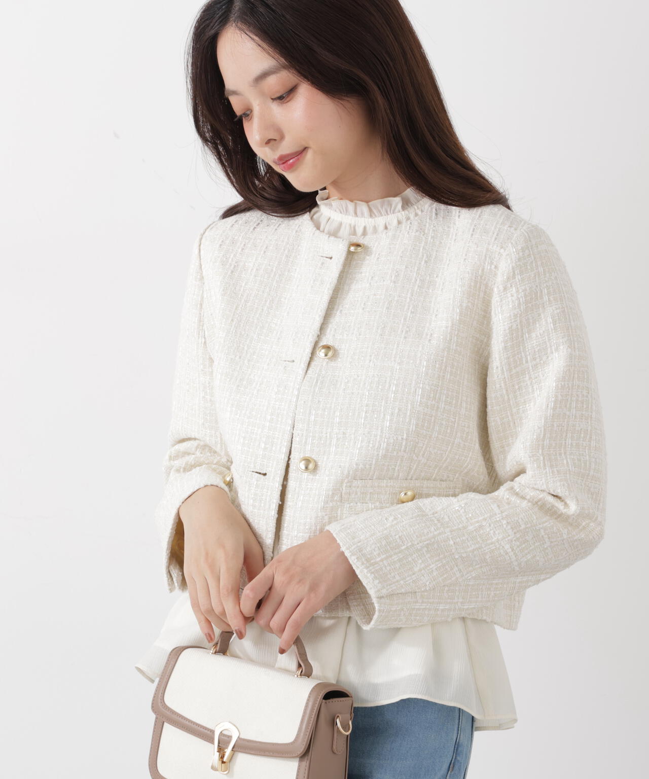 ノーカラーツイードジャケット