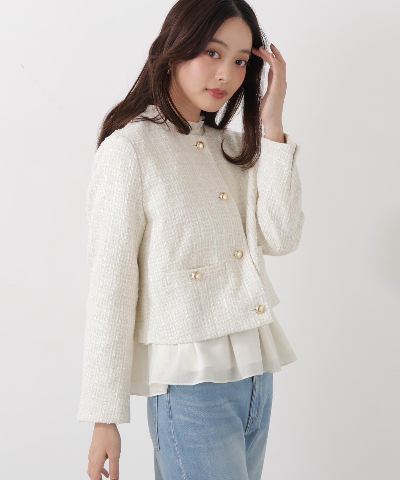 ノーカラーツイードジャケット