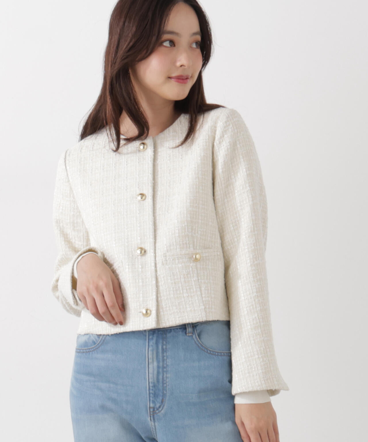 ノーカラーツイードジャケット