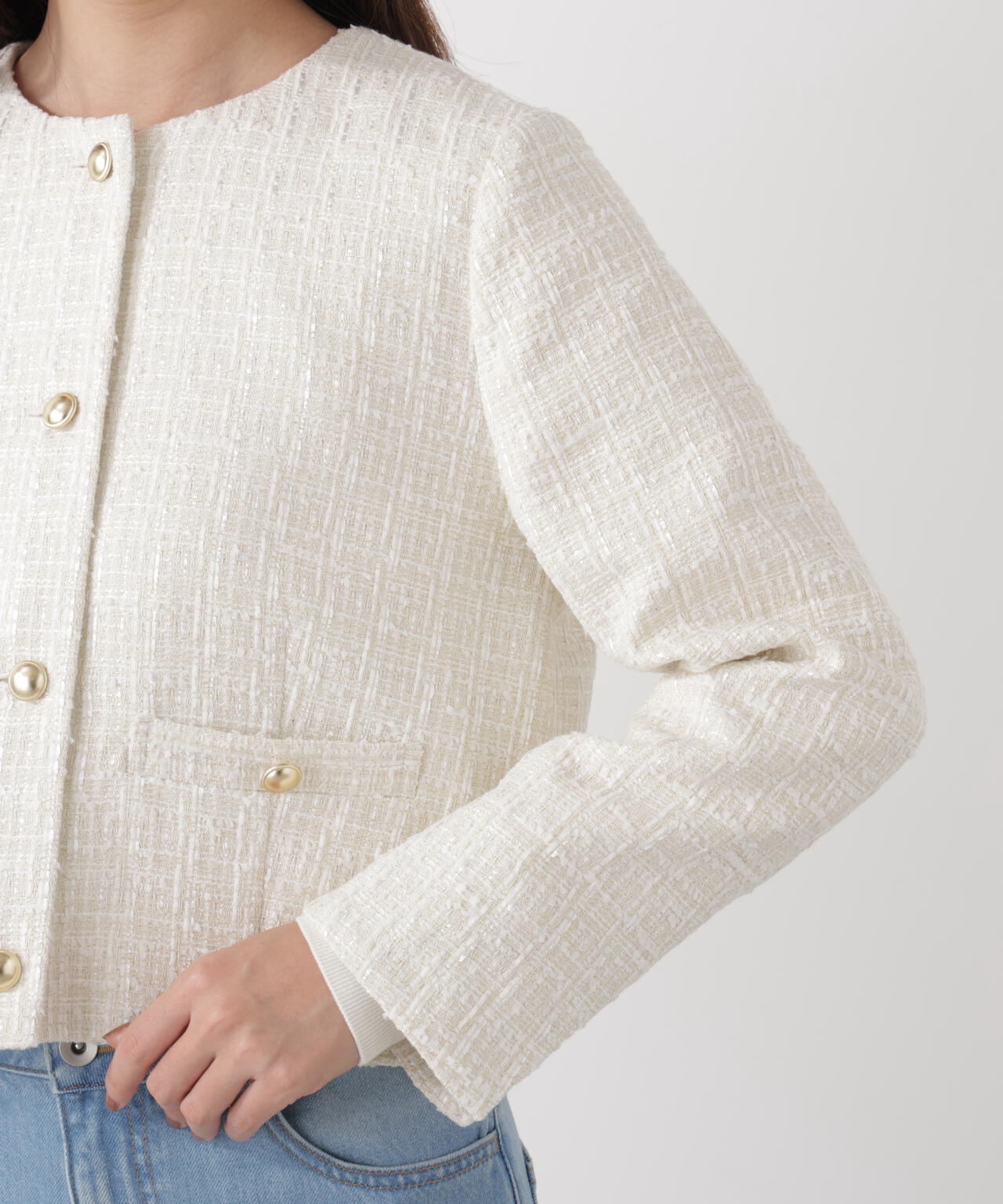 ノーカラーツイードジャケット