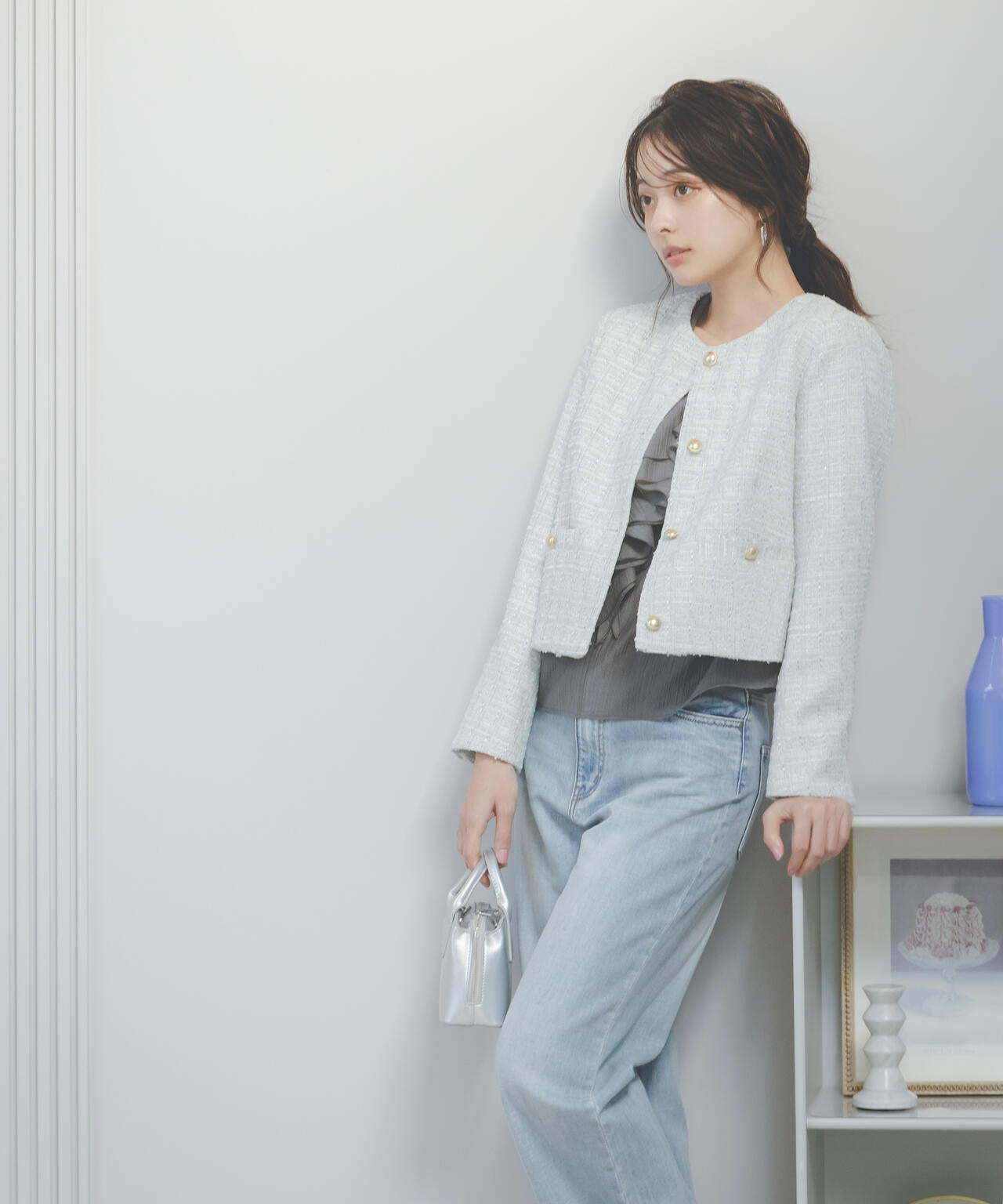 ノーカラーツイードジャケット