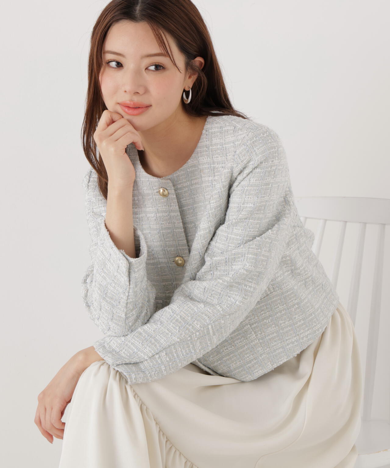 ノーカラーツイードジャケット