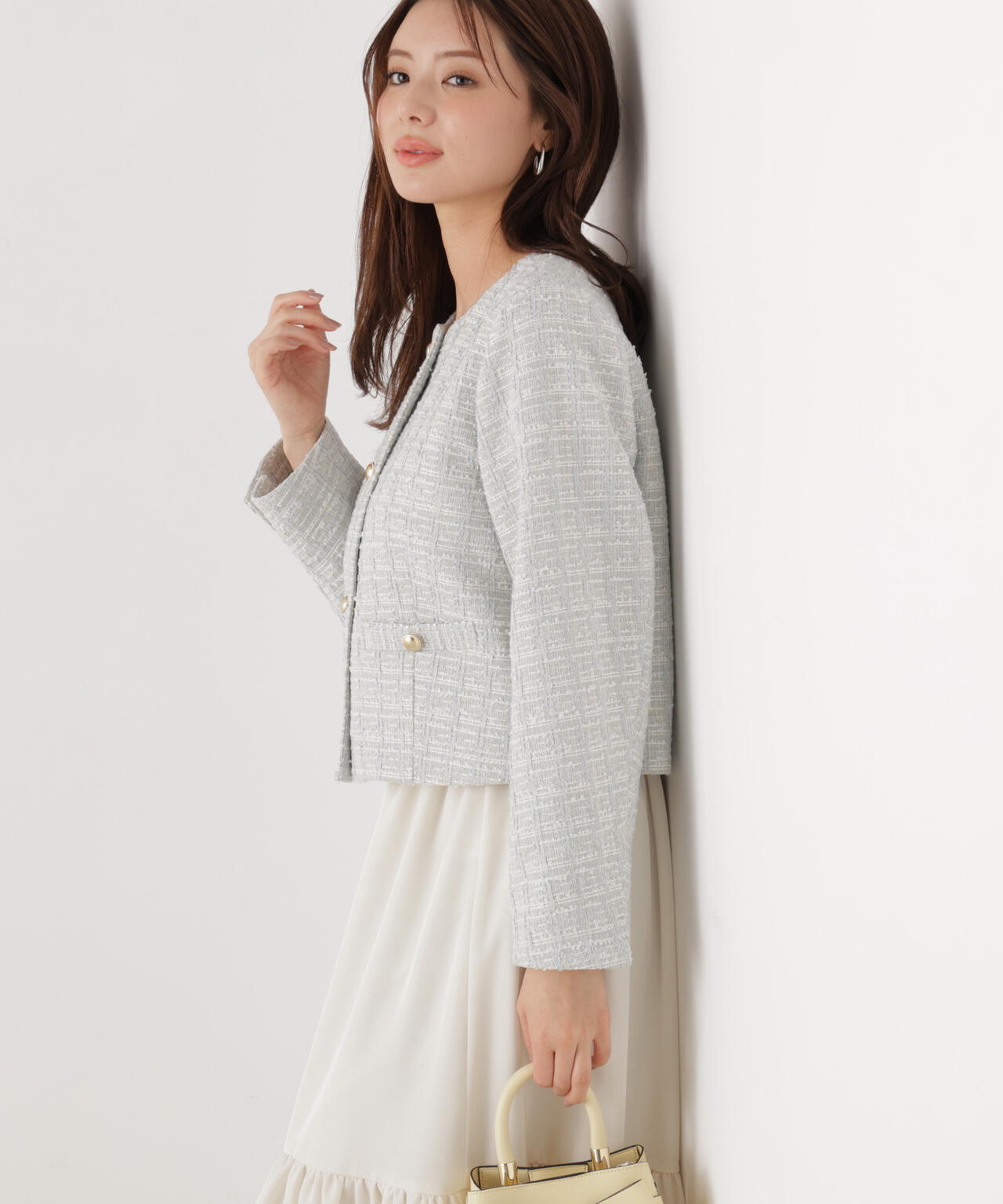 ノーカラーツイードジャケット