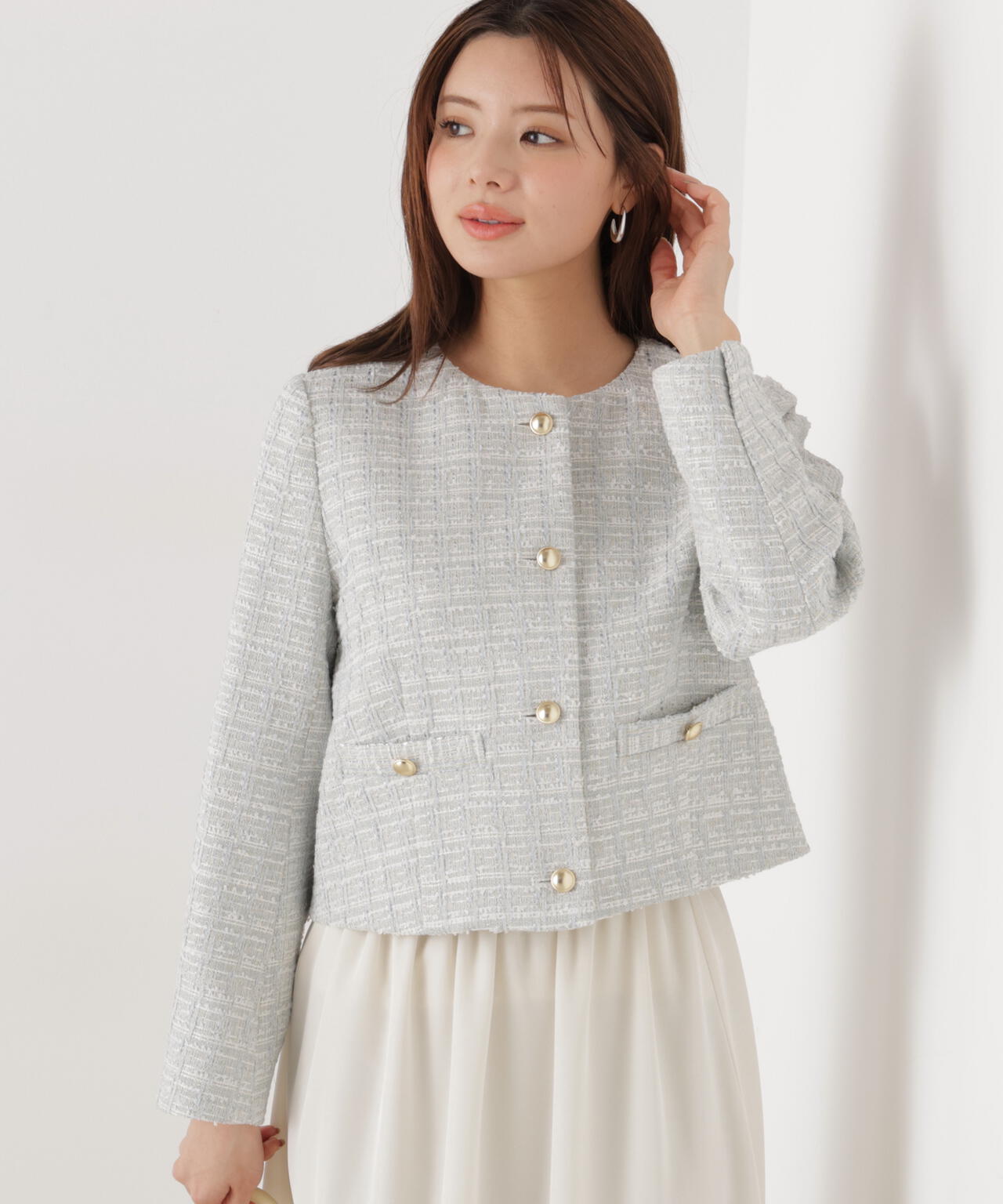 ノーカラーツイードジャケット