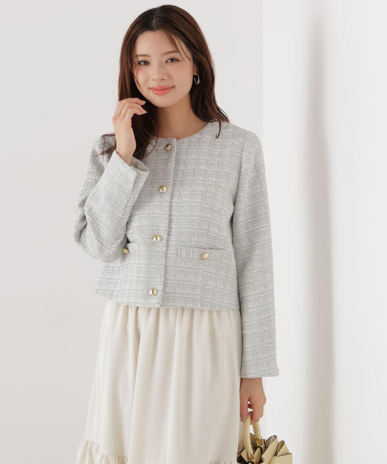 ノーカラーツイードジャケット