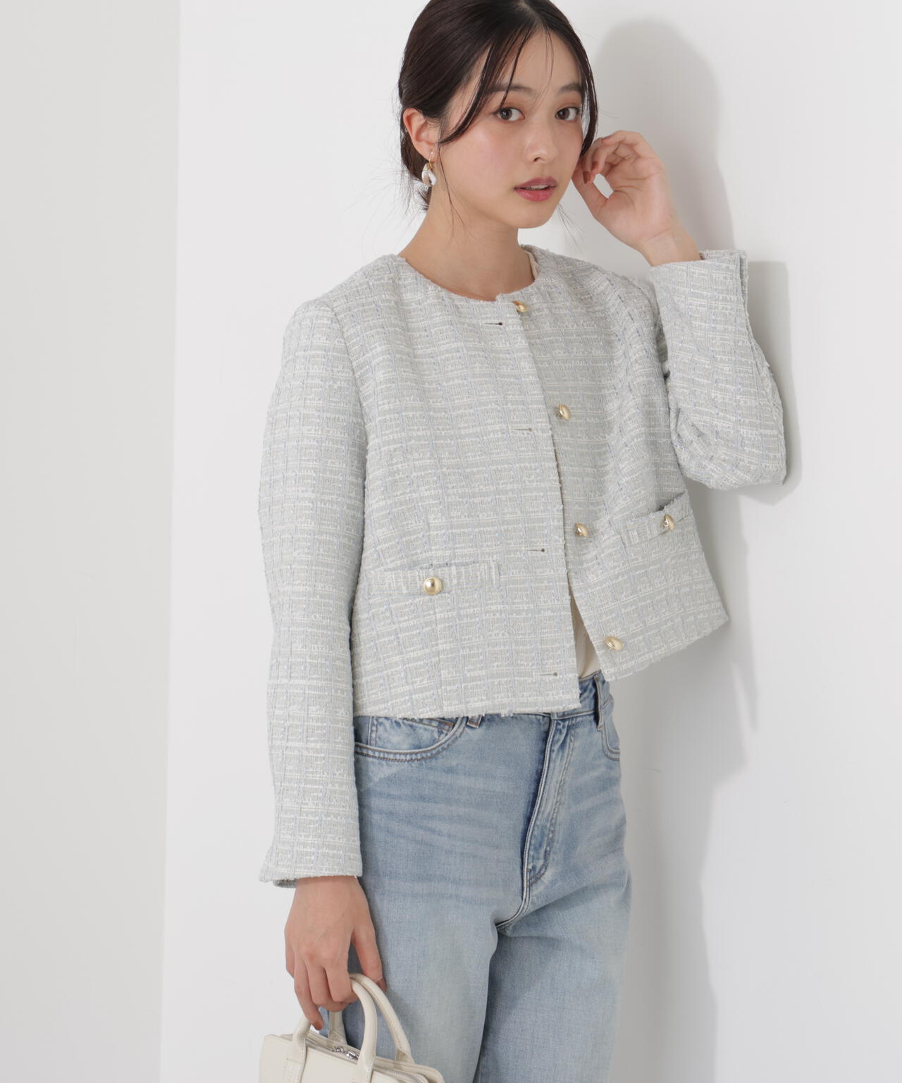 ノーカラーツイードジャケット