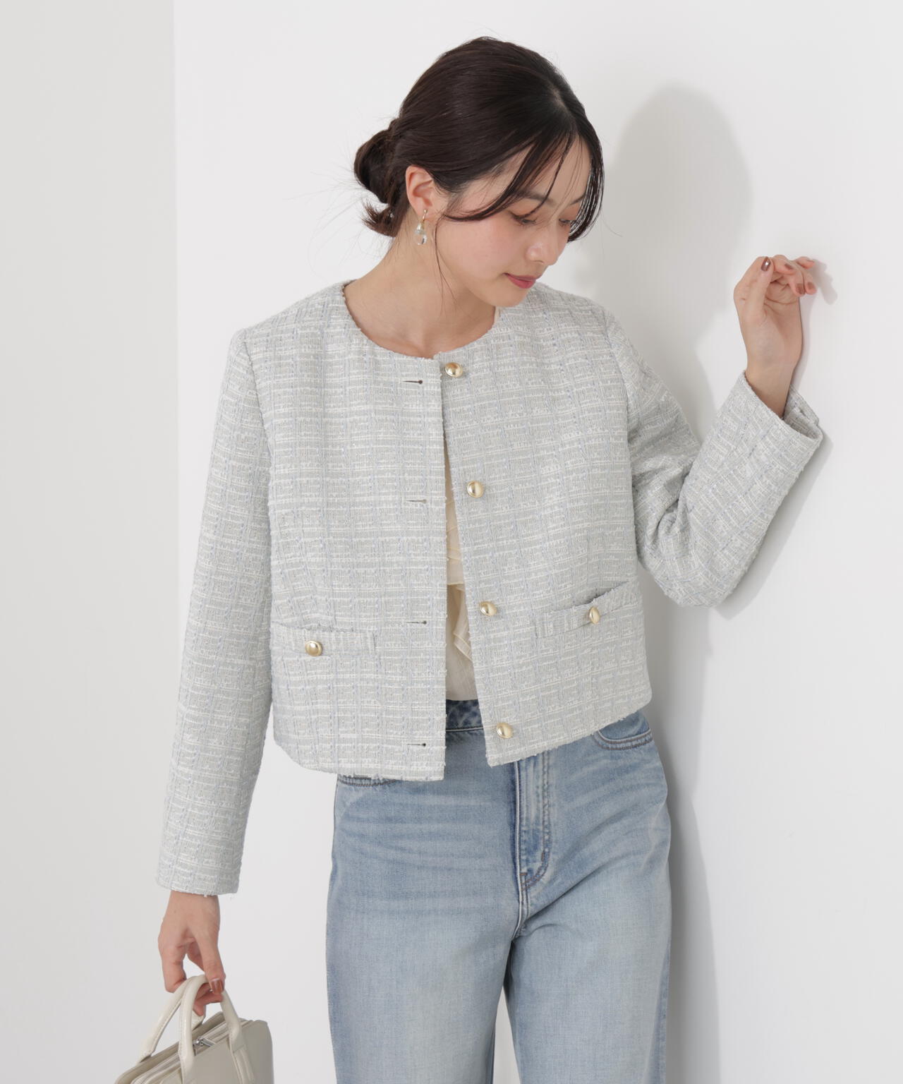 ノーカラーツイードジャケット