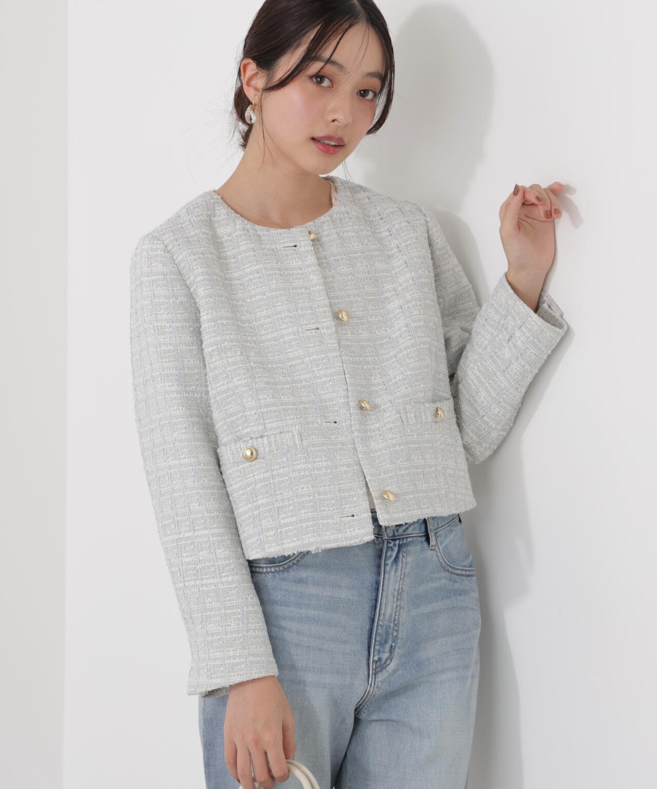 ノーカラーツイードジャケット