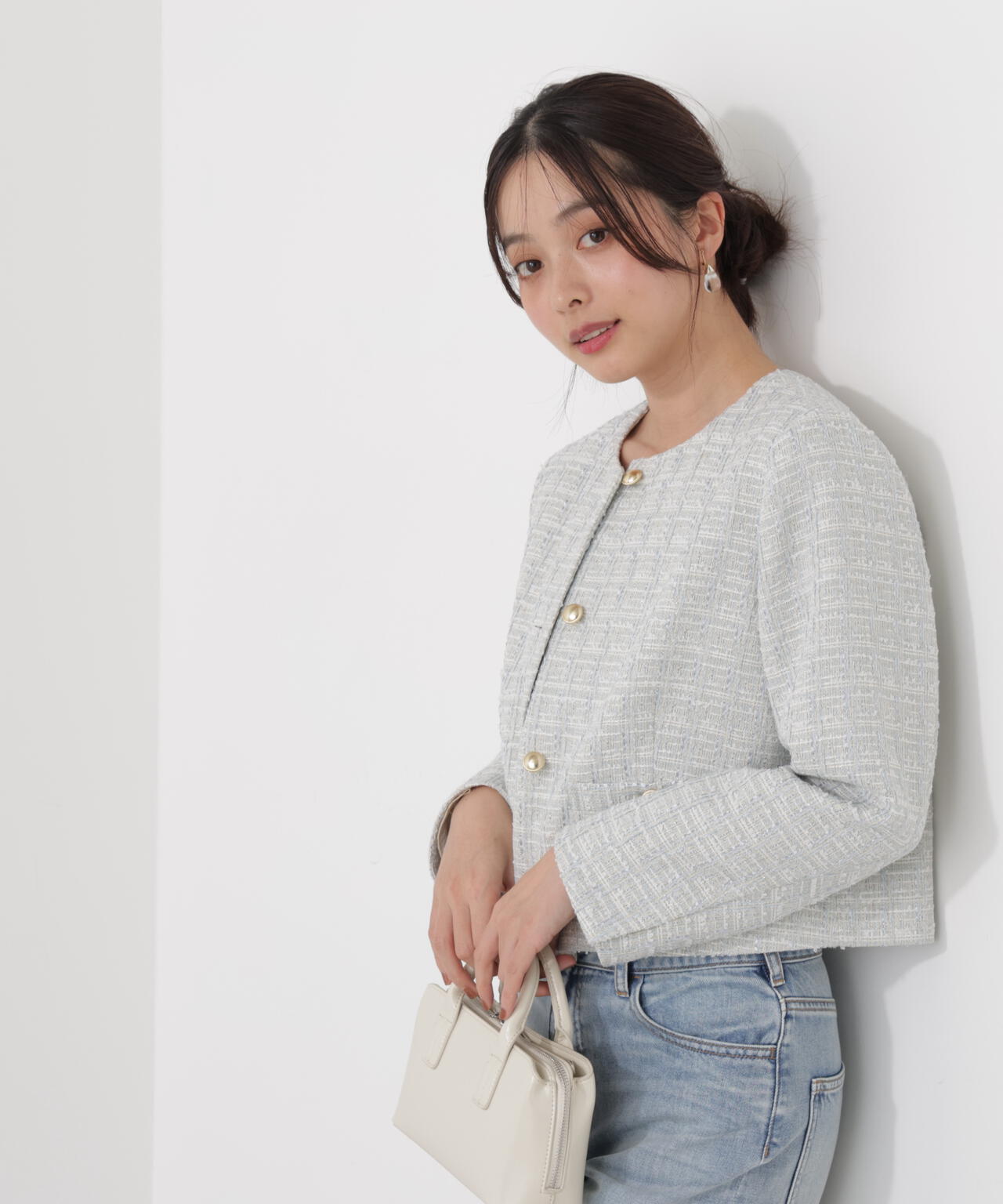 ノーカラーツイードジャケット