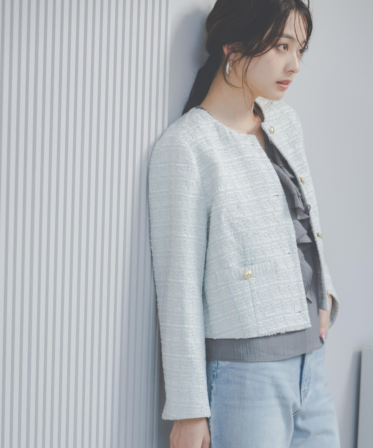 ノーカラーツイードジャケット