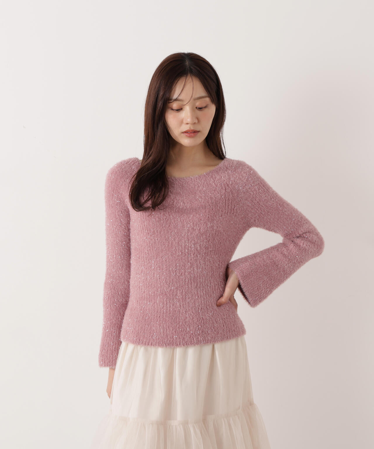 ラメフェザーボートネックニット