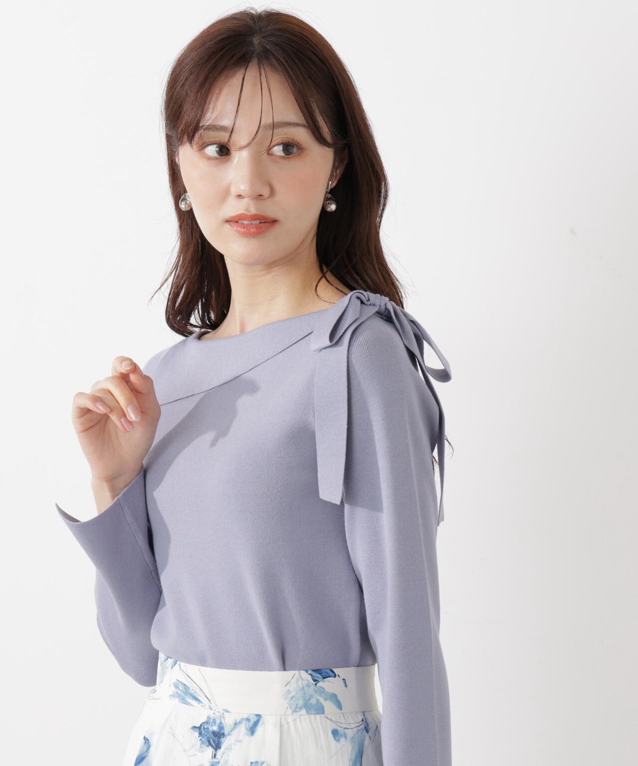 <ウォッシャブル/UV>サイドリボン総針ニット【ブルー:official site・有楽町マルイ限定】