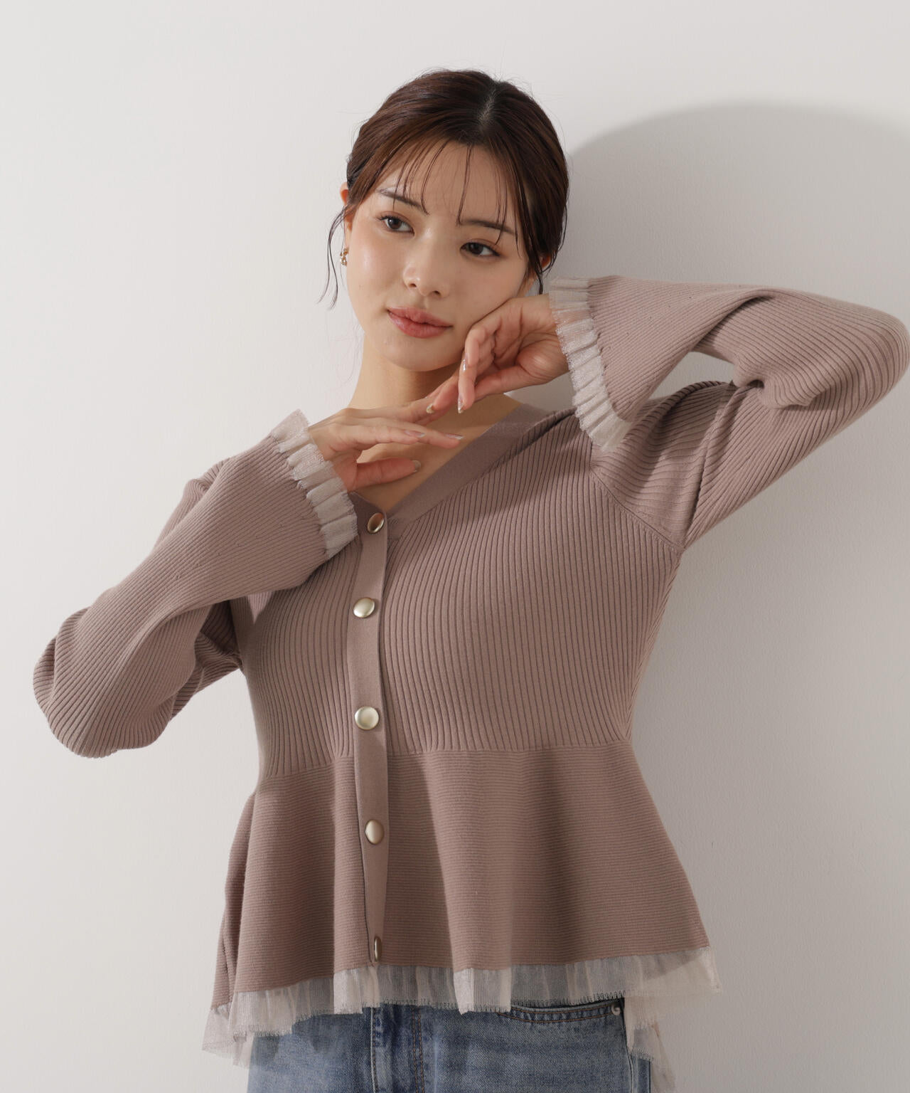 【追加生産予約】シアー切替ペプラムニット【モカ:WEB限定カラー】