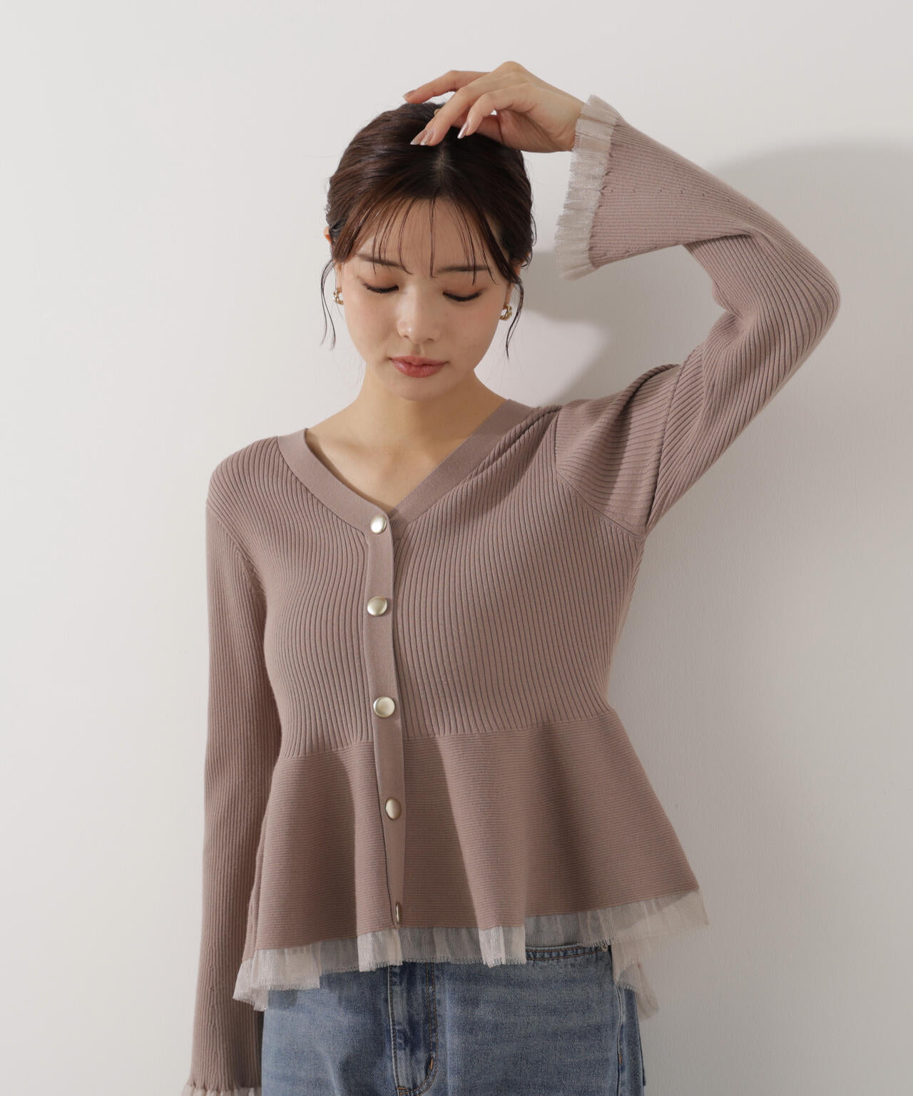 シアー切替ペプラムニット【モカ:WEB限定カラー】