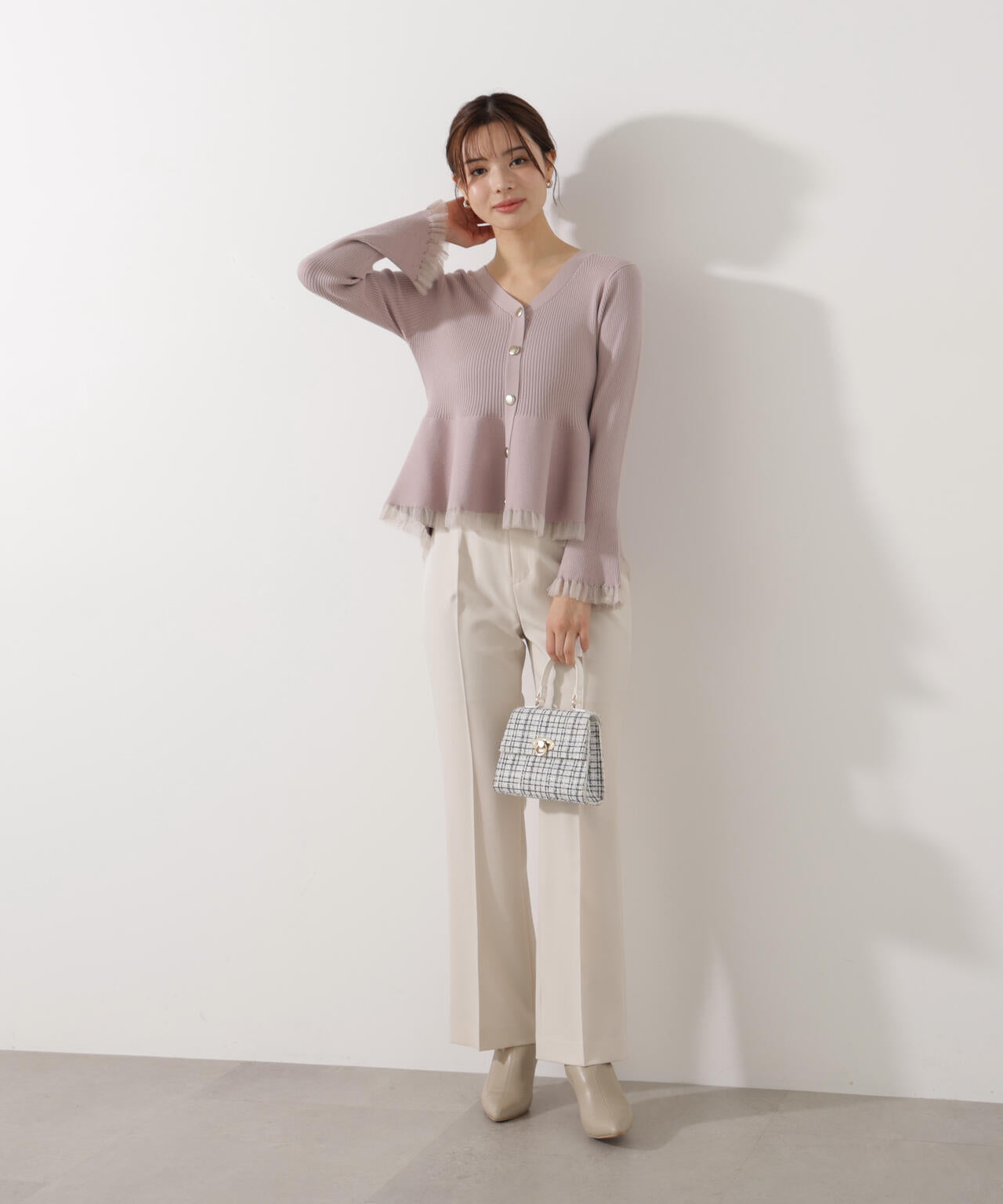 シアー切替ペプラムニット【モカ:WEB限定カラー】