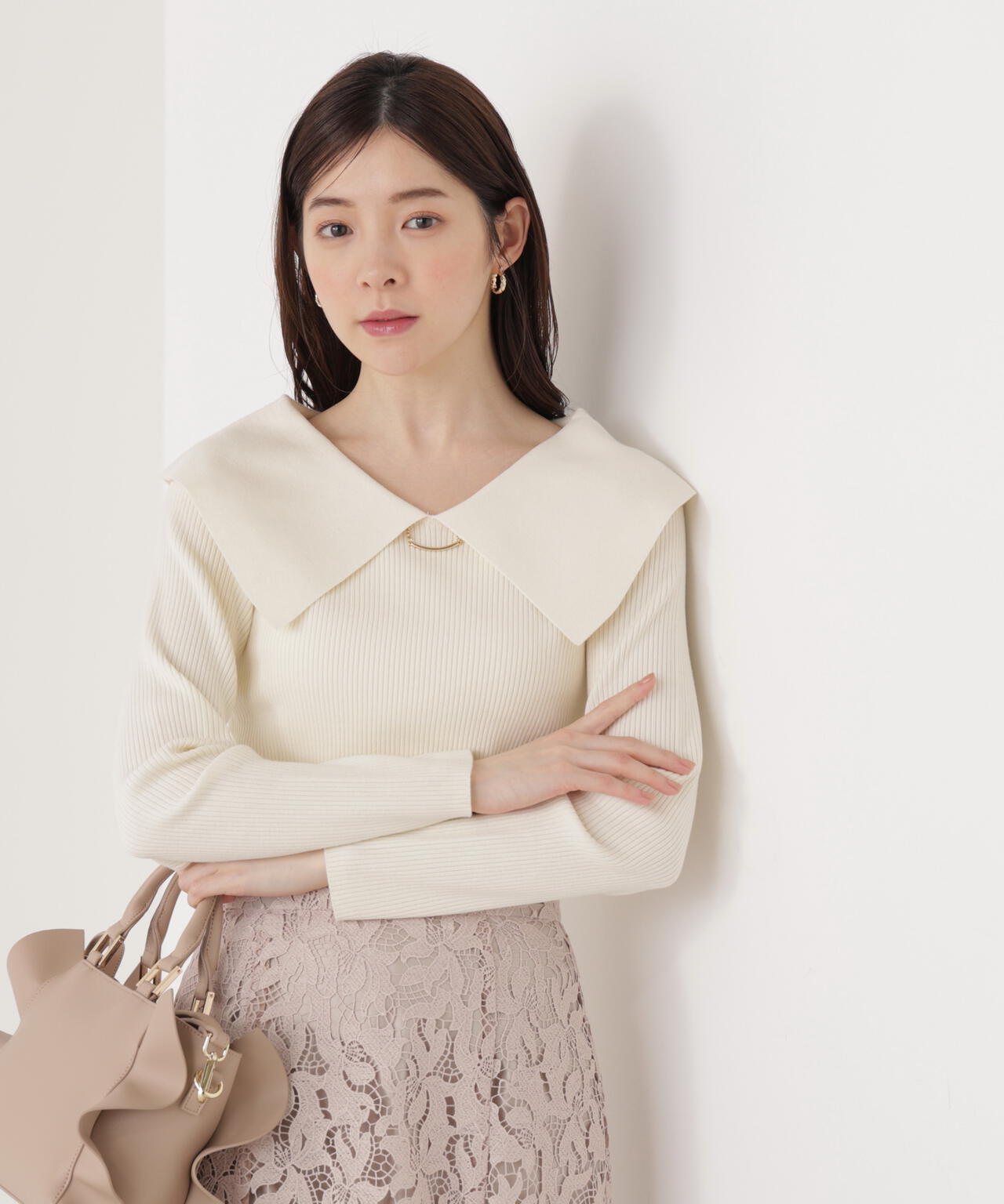 <ウォッシャブル/UV>バー付きビッグ襟ニット