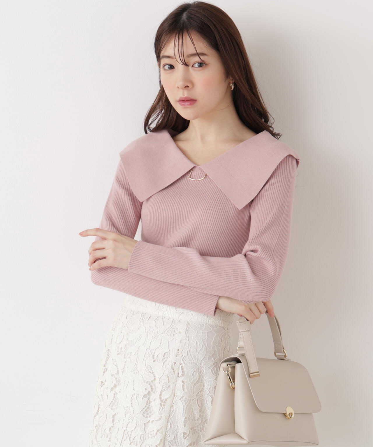 <ウォッシャブル/UV>バー付きビッグ襟ニット