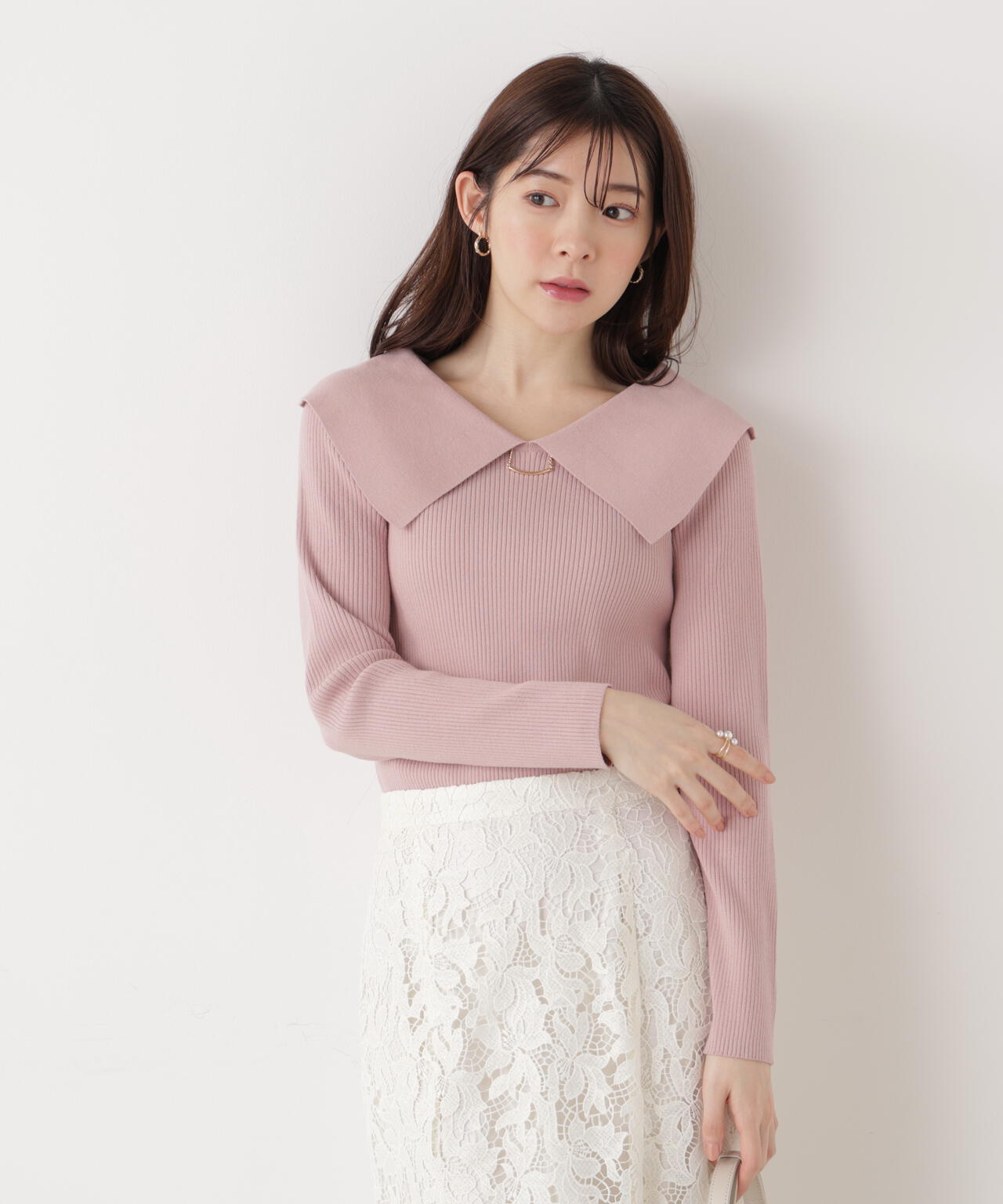 <ウォッシャブル/UV>バー付きビッグ襟ニット