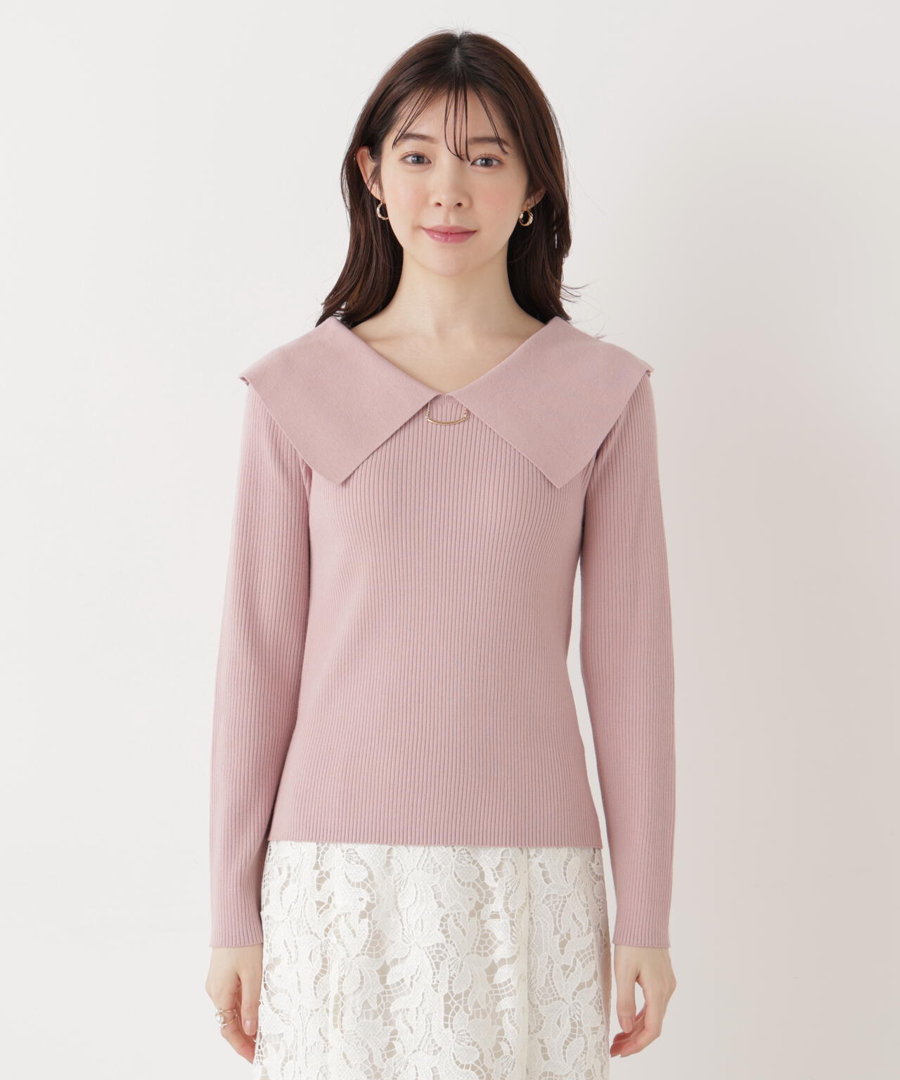 <ウォッシャブル/UV>バー付きビッグ襟ニット