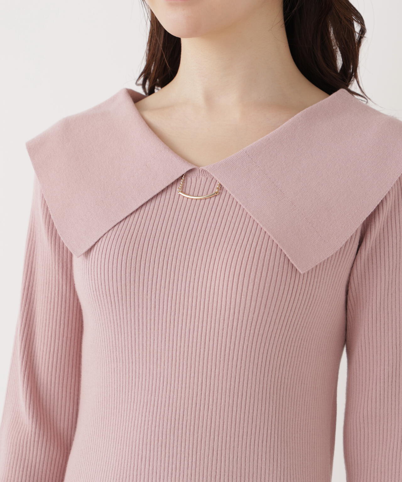 <ウォッシャブル/UV>バー付きビッグ襟ニット