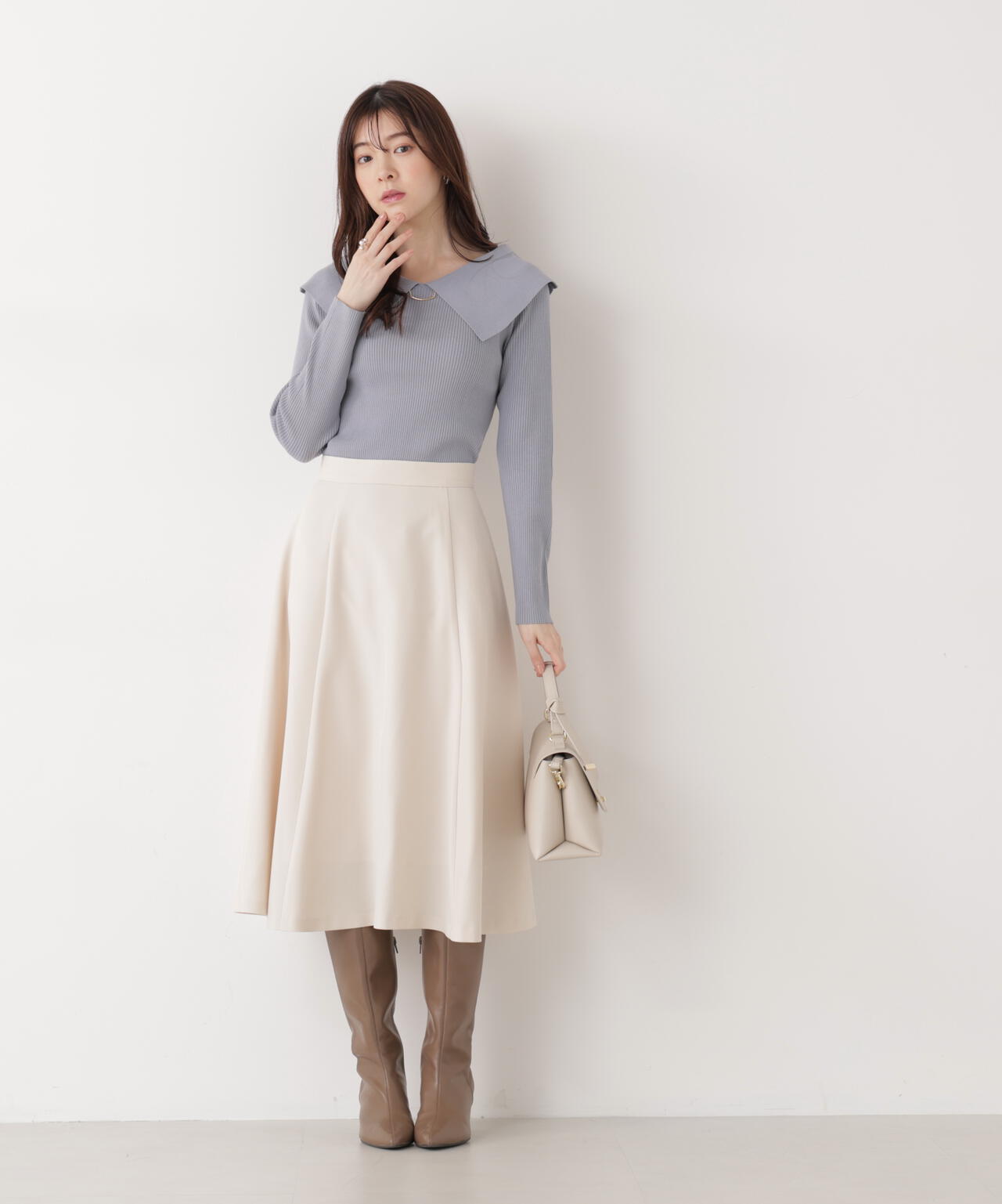 <ウォッシャブル/UV>バー付きビッグ襟ニット