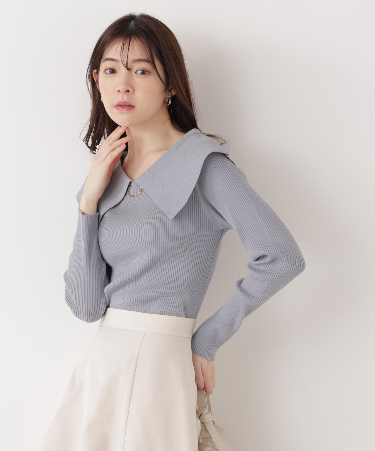 <ウォッシャブル/UV>バー付きビッグ襟ニット